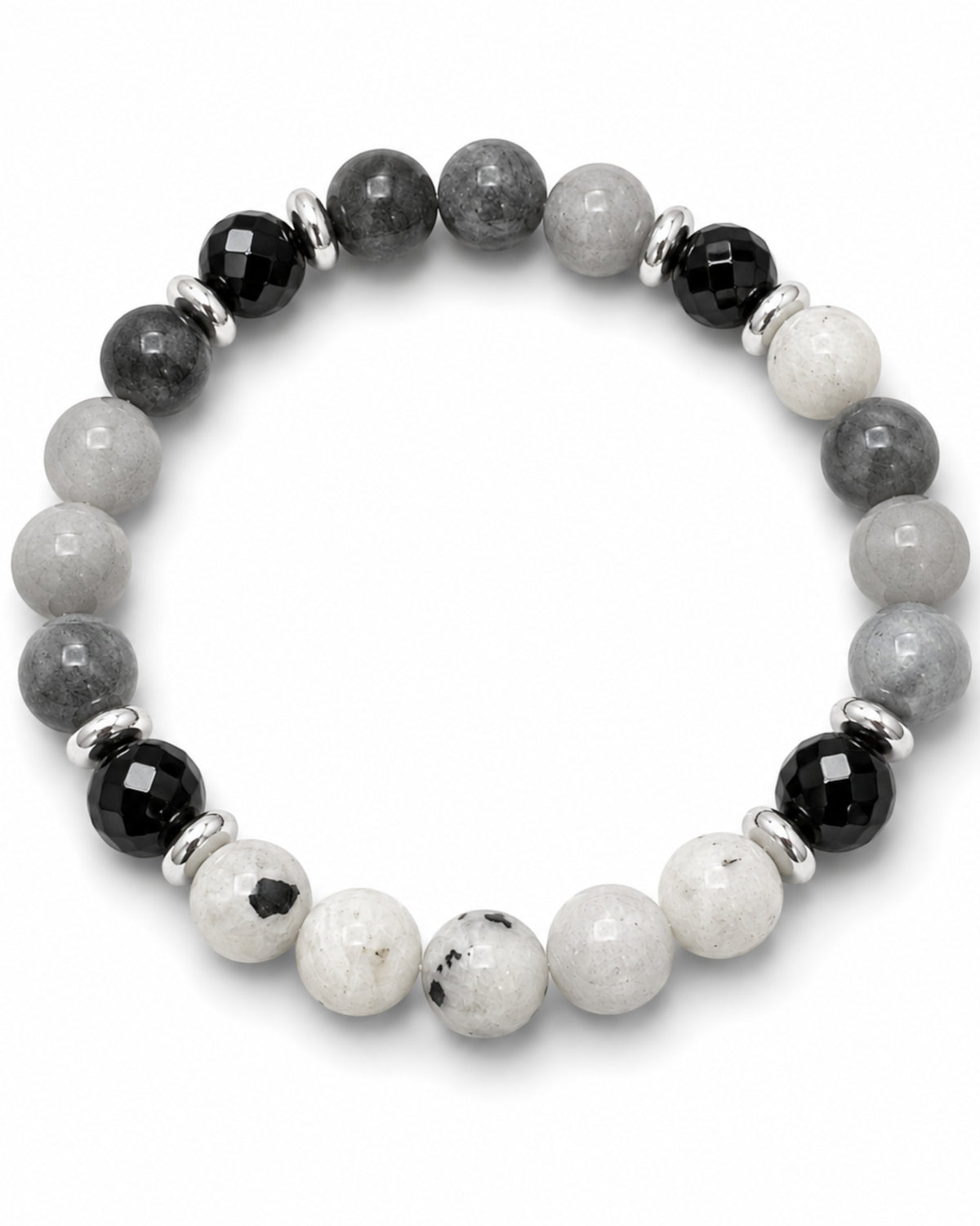8mm Moonstone, Black Onyx, and Cloudy Grey Quartz Bracelet