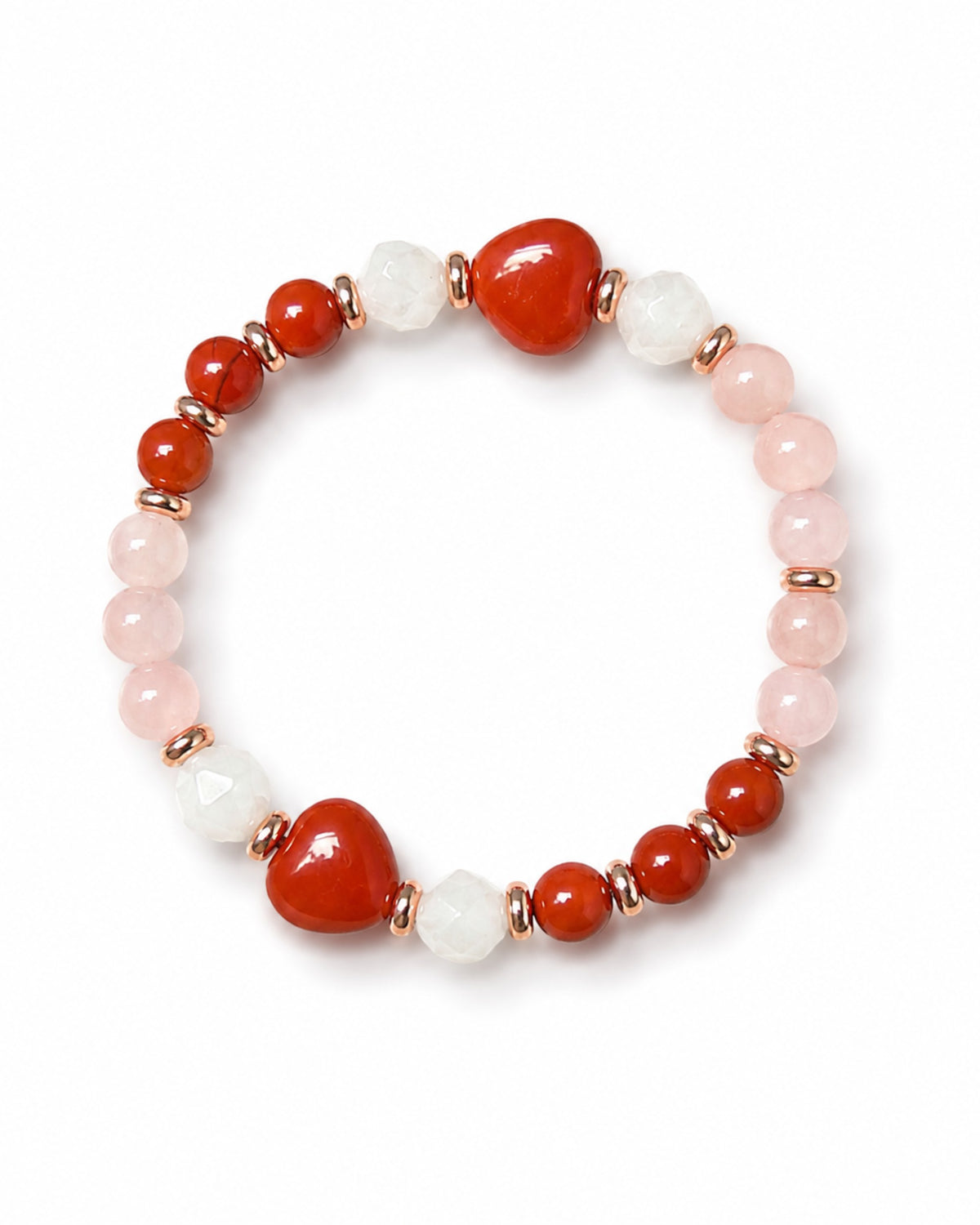 8mm Red Jasper, Peach Moonstone, and Rose Quartz Bracelet