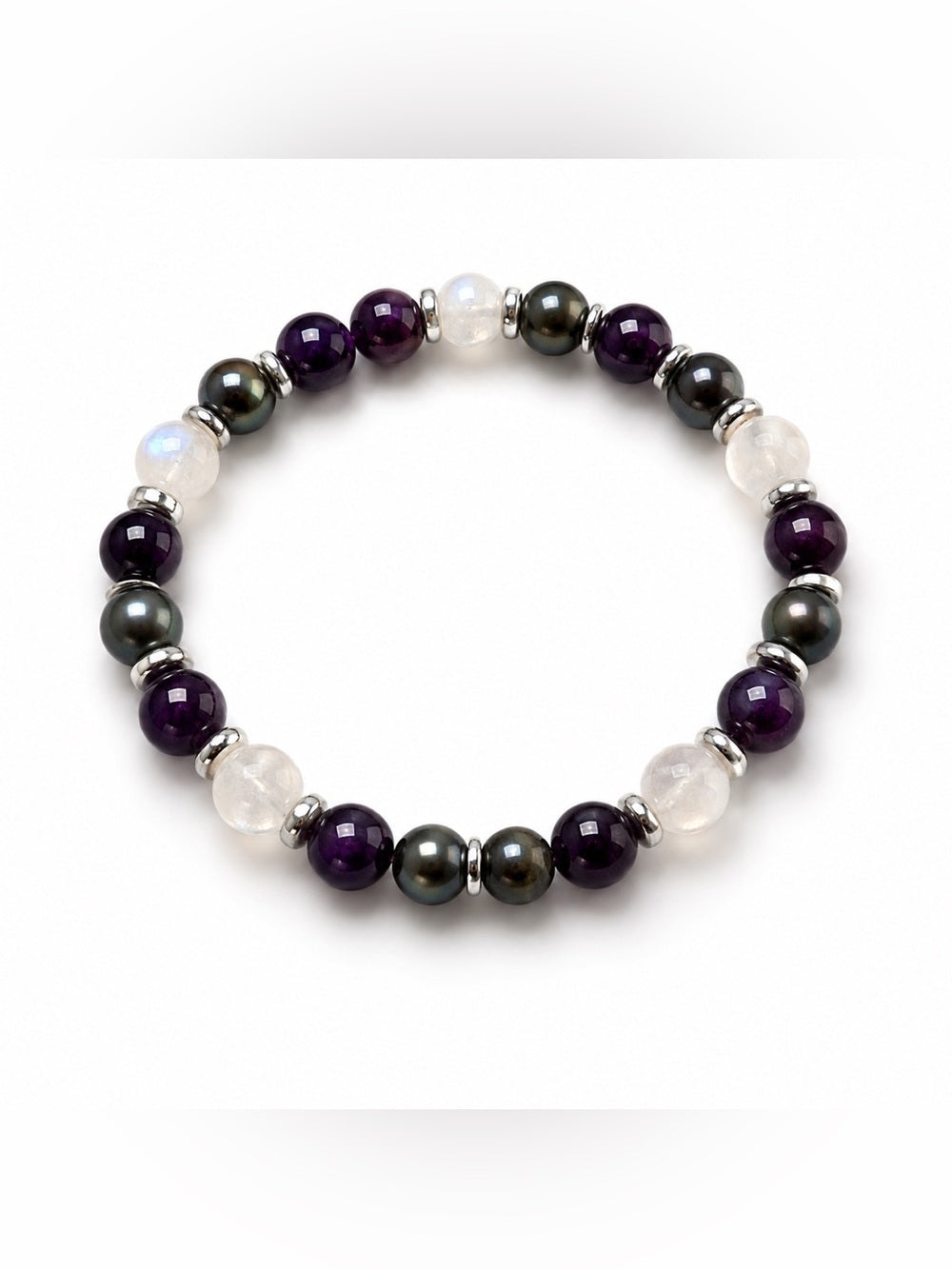 Handmade Purpurite, Moonstone, and Freshwater Pearl Stretch Bracelet