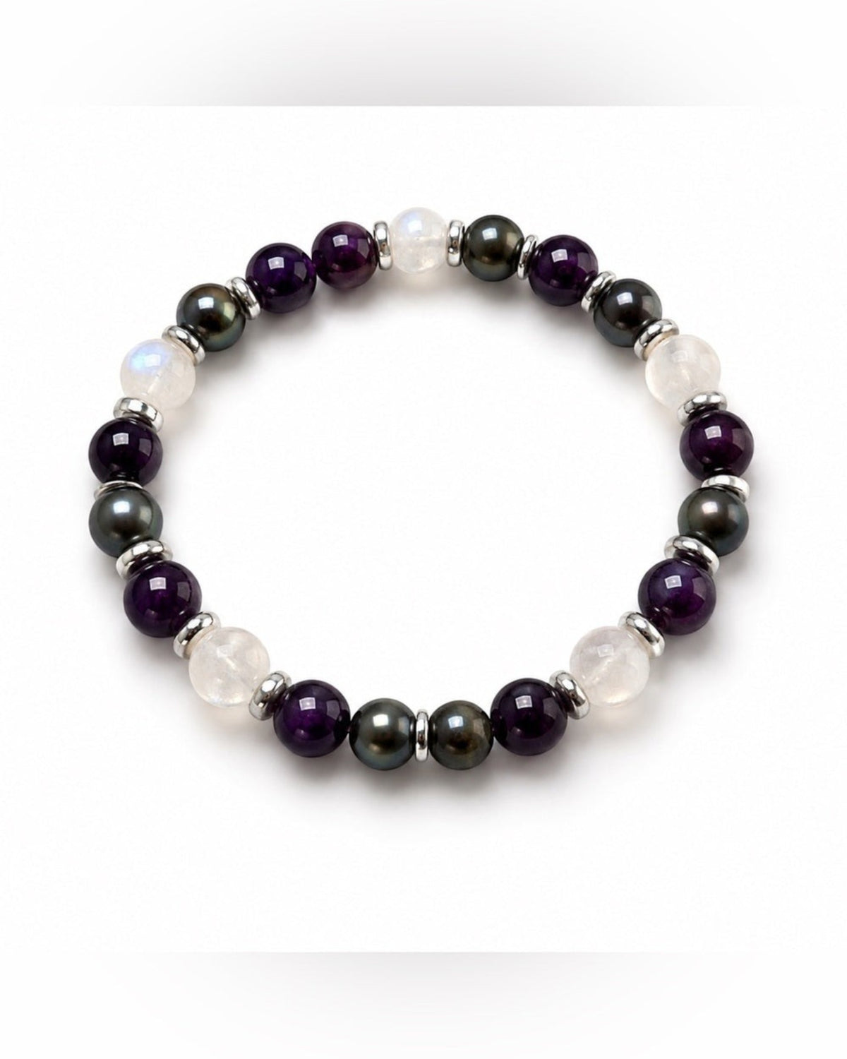8mm Purpurite, Moonstone, and Freshwater Pearl Stretch Bracelet
