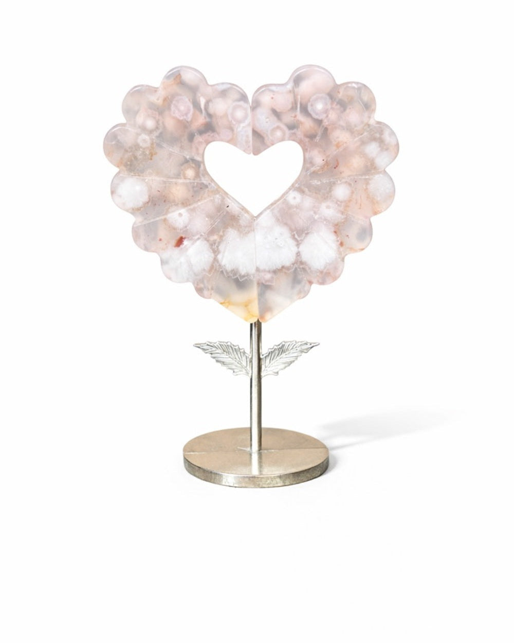 Flower Agate Heart Carving on Stand