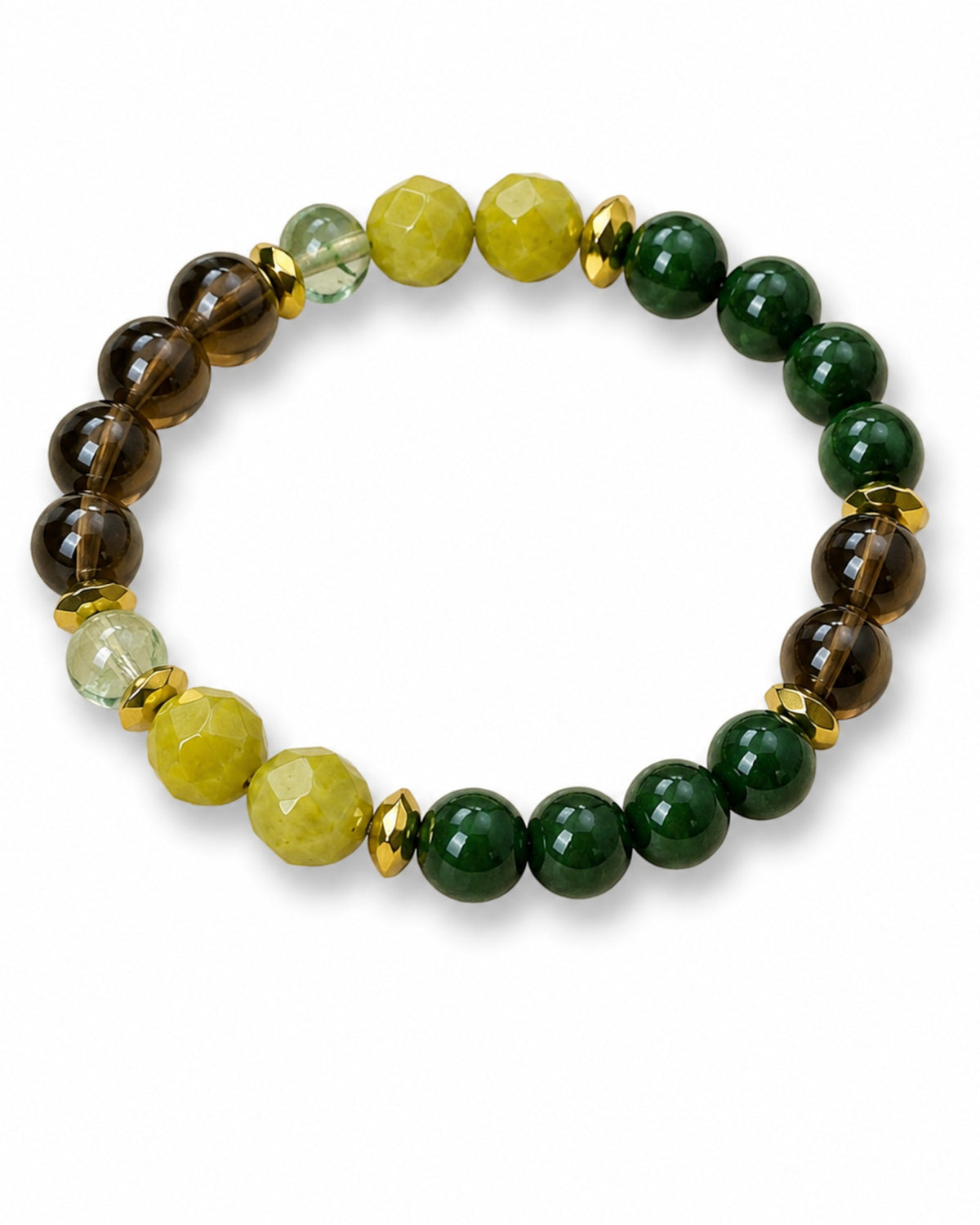 8mm Smoky Quartz, Jade, and Prehnite Bracelet
