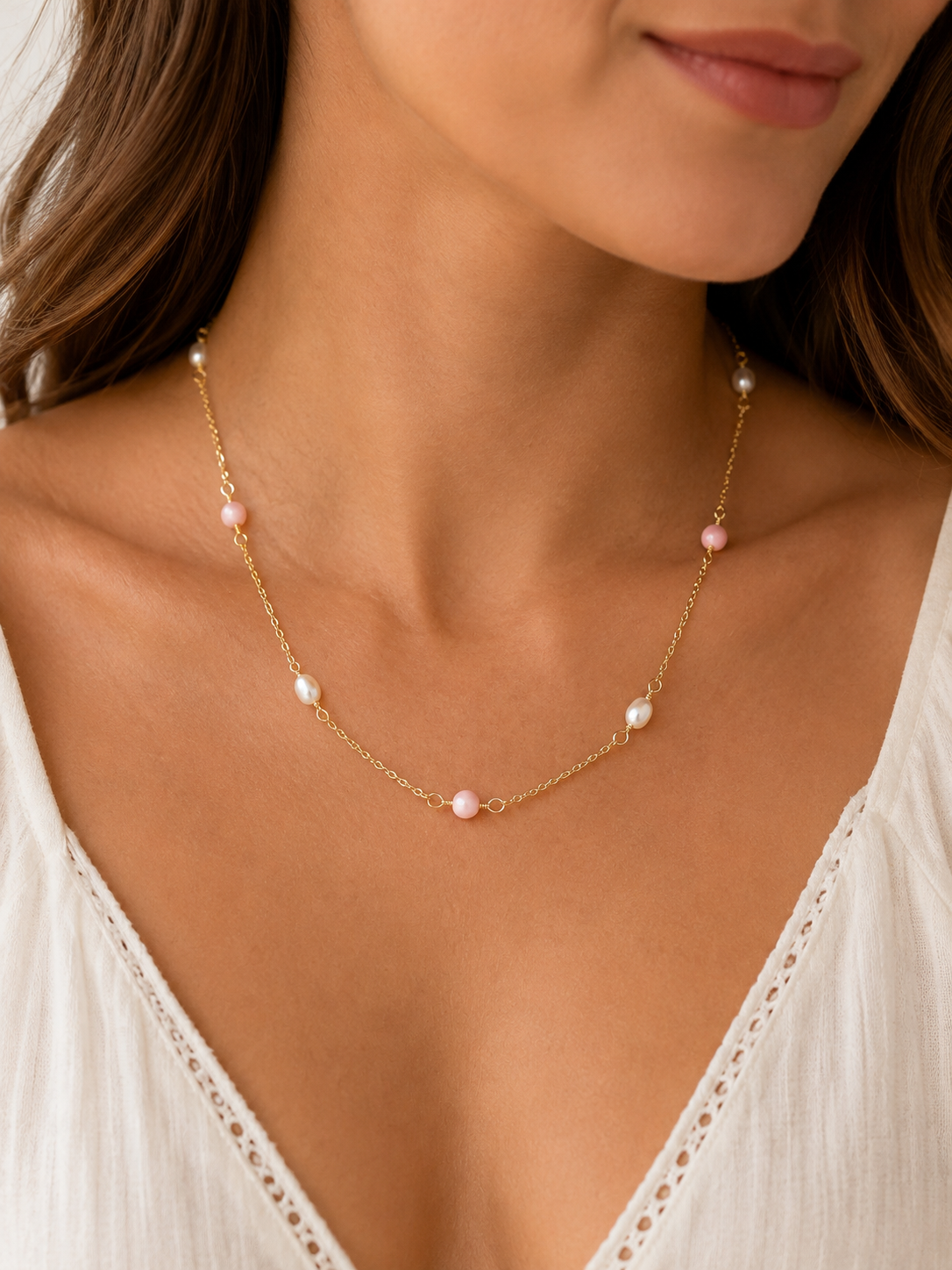 Pink Conch and Freshwater Pearl Station Necklace