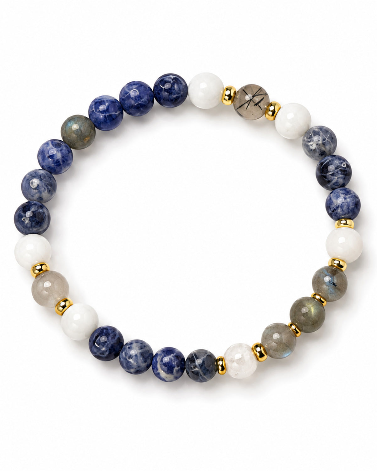 6mm Sodalite, Rutilated Quartz, and White Jade Bracelet