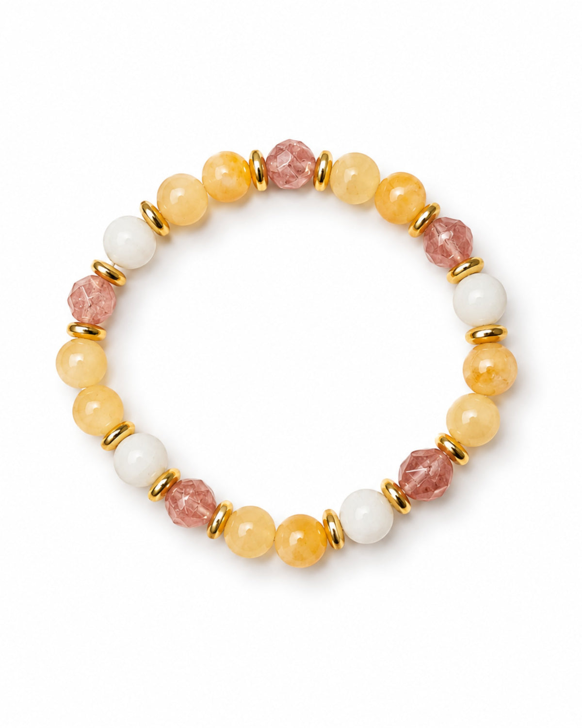 8mm Yellow Jade, Strawberry Quartz, and White Jade Bracelet