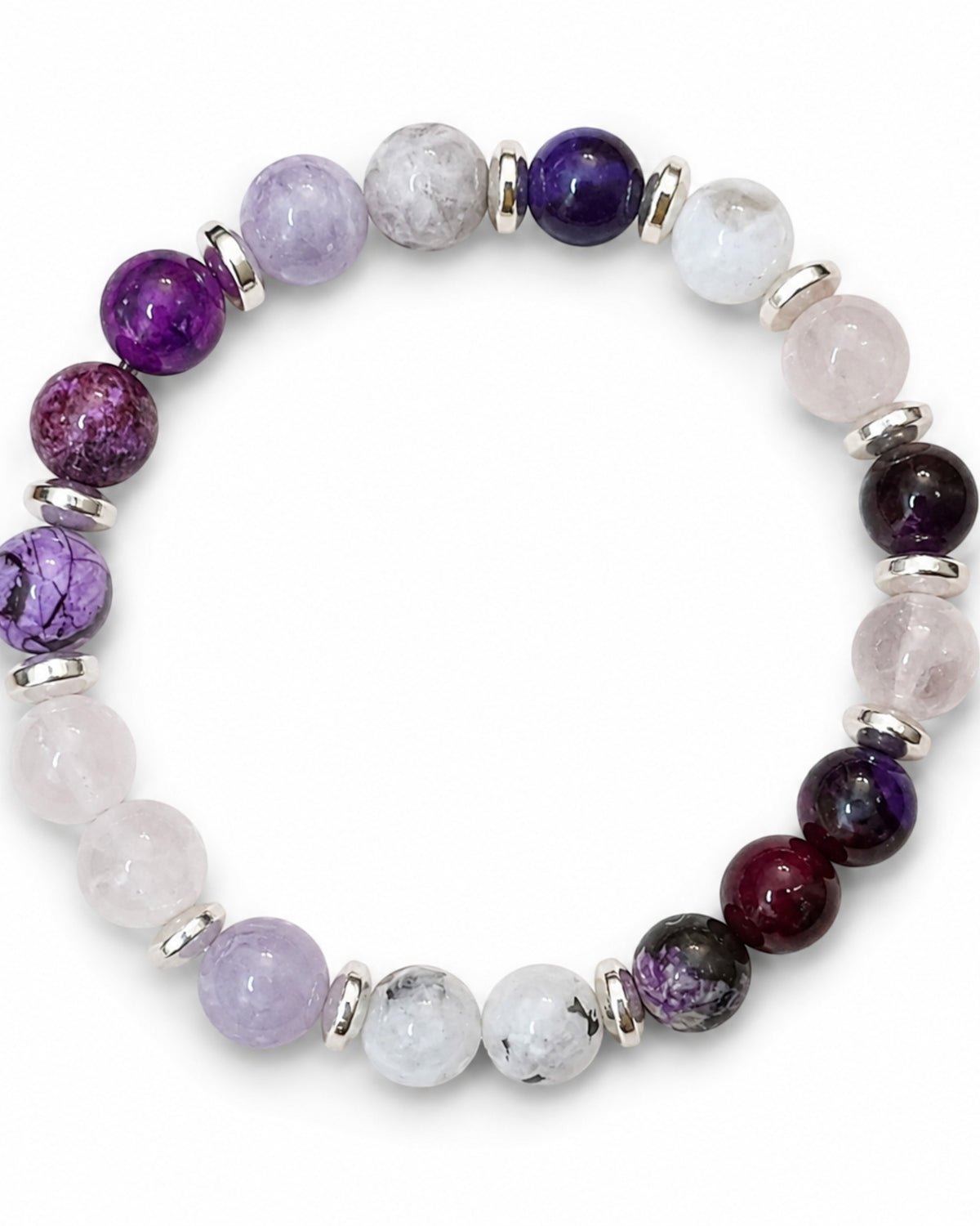8mm Sugilite, Rose Quartz, Moonstone, and Lavender Amethyst Bracelet