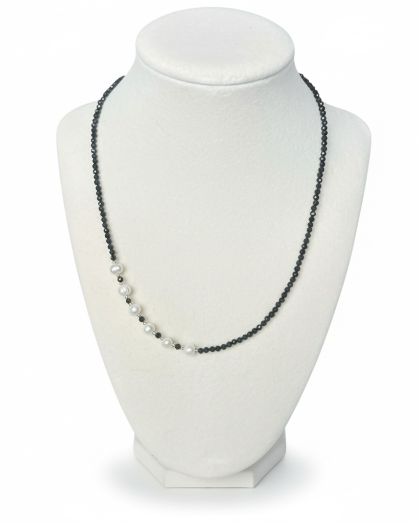 Faceted Black Tourmaline and Freshwater Pearl Necklace