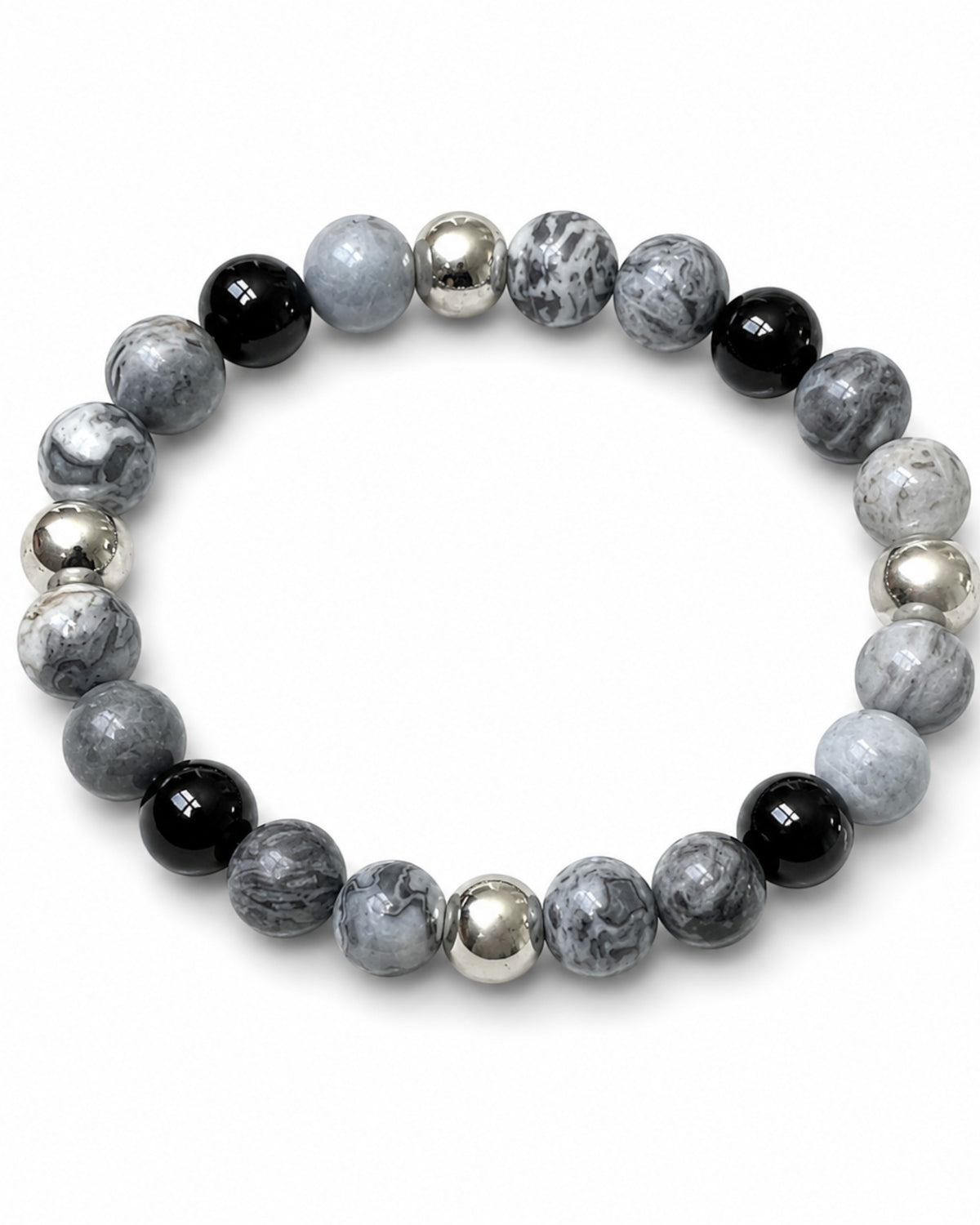 8mm Picasso Jasper, Hematite, and Black Onyx Bracelet