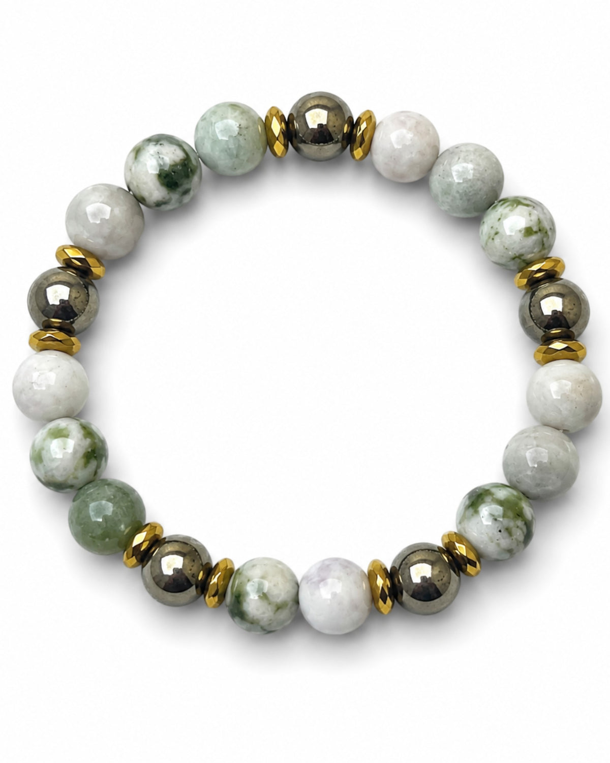 8mm Peace Jade, Pyrite, and Hematite Bracelet