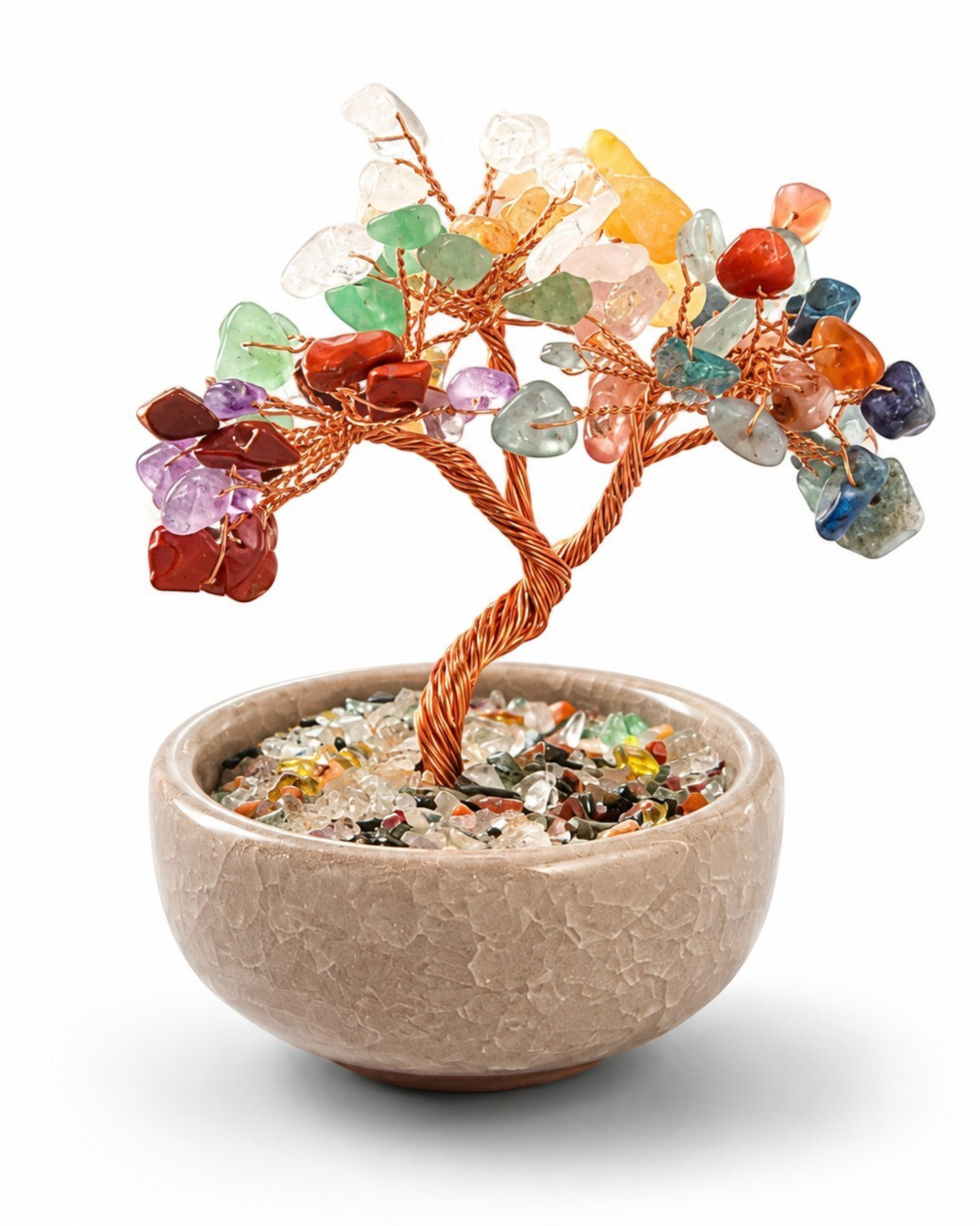 Amelia Jane Handmade Creations 3-inch 7 chakra gemstone tree with copper wire branches in a textured ceramic pot.