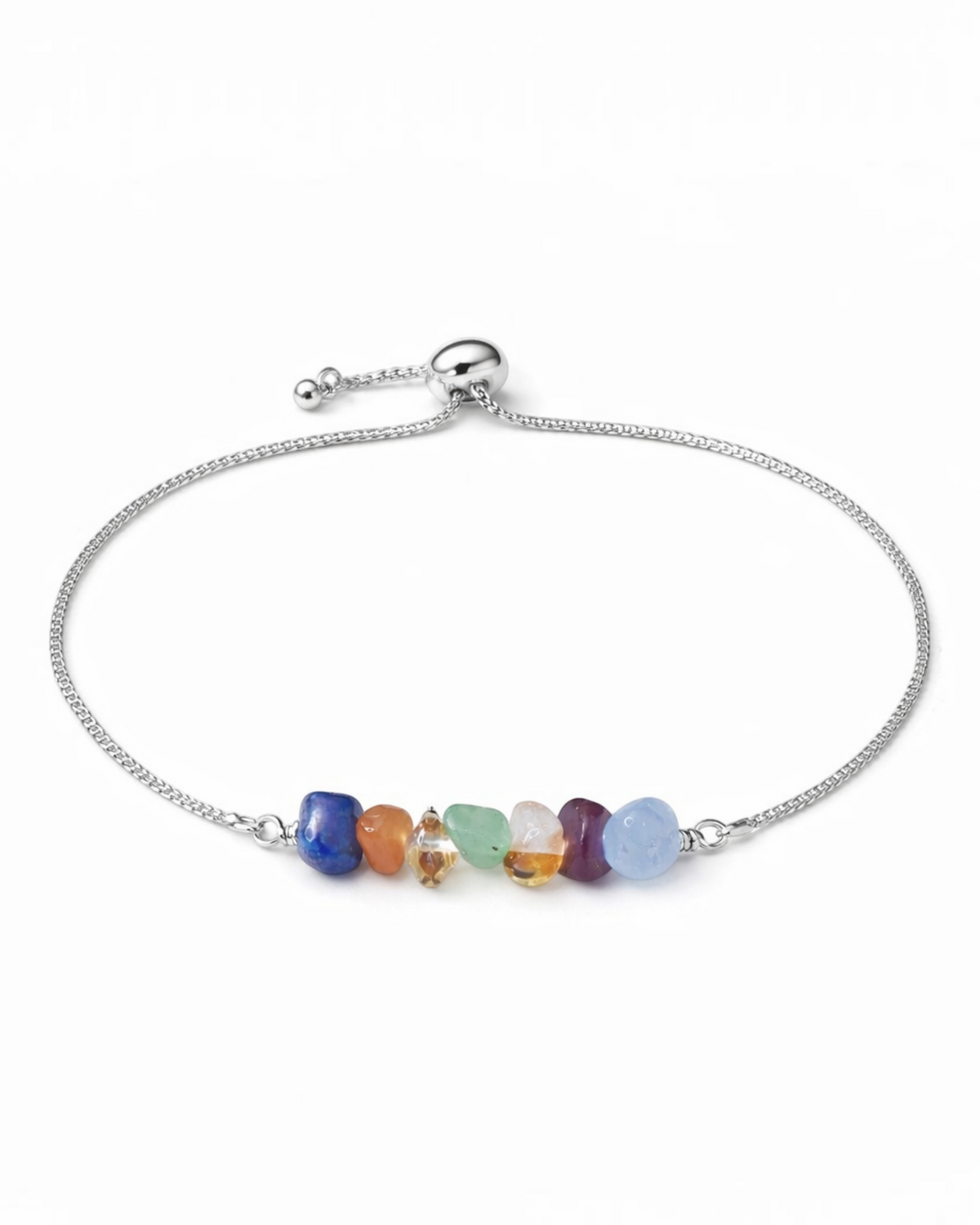 Amelia Jane Handmade Creations 7 Chakras lariat bracelet with adjustable silver chain and multi-colored gemstone beads.