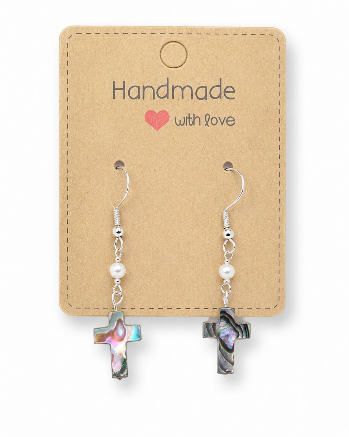 Amelia Jane Handmade Creations abalone shell and freshwater pearl cross earrings with S925 sterling silver posts