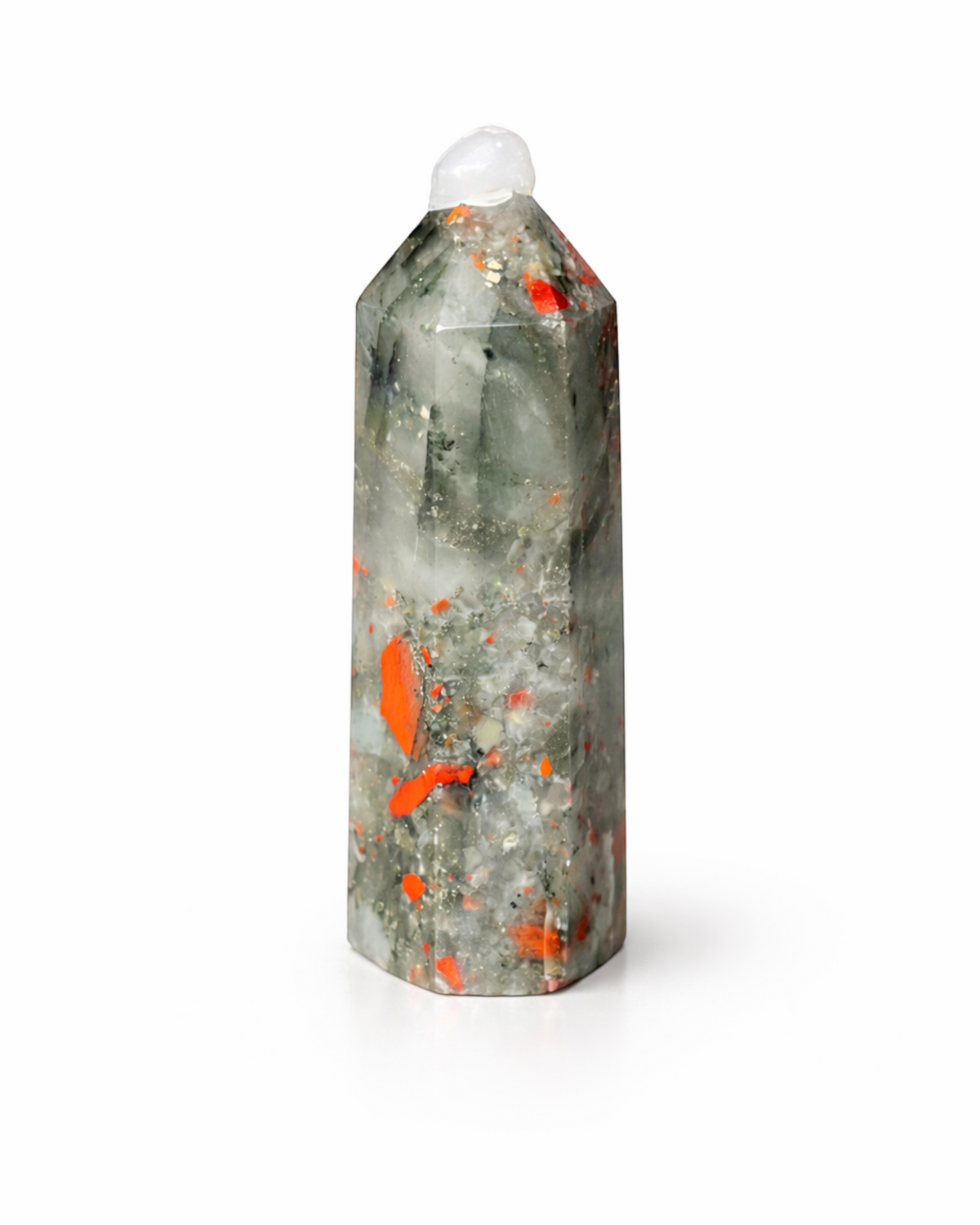 Amelia Jane Handmade Creations polished African Bloodstone tower with forest green base and vibrant red inclusions.