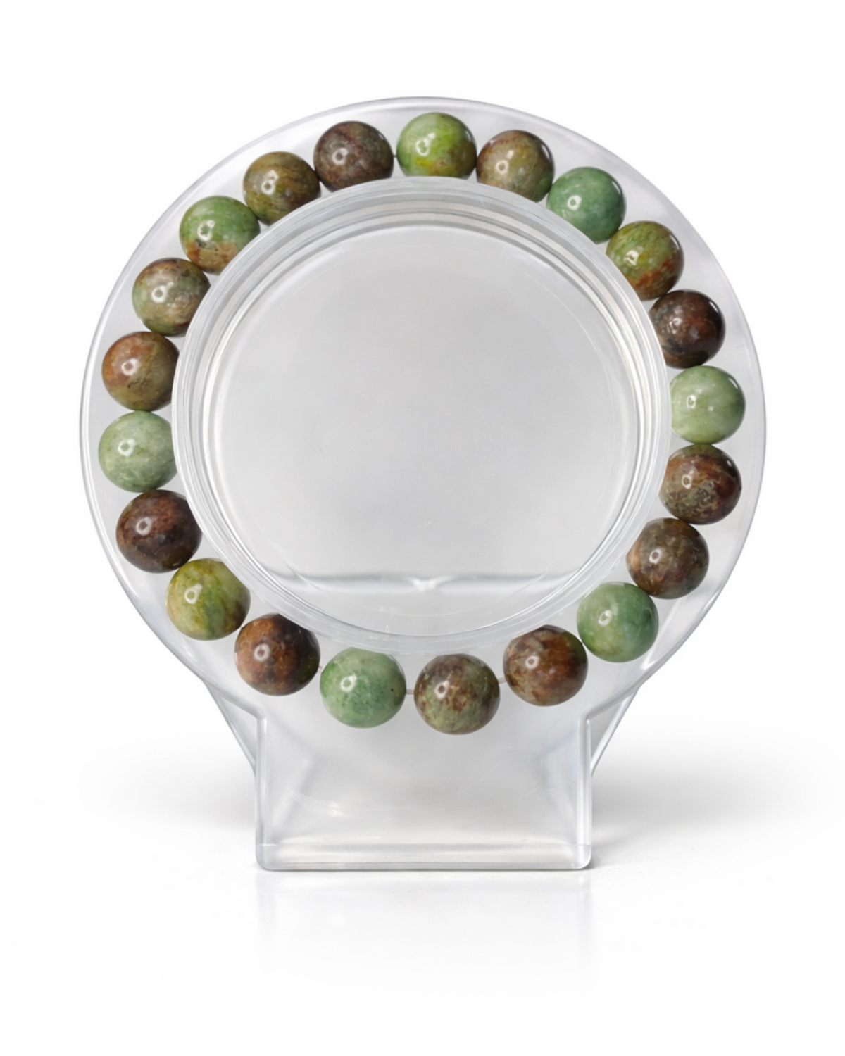 Amelia Jane Handmade Creations 7-inch African green opal beaded bracelet with earthy green and brown round stones.