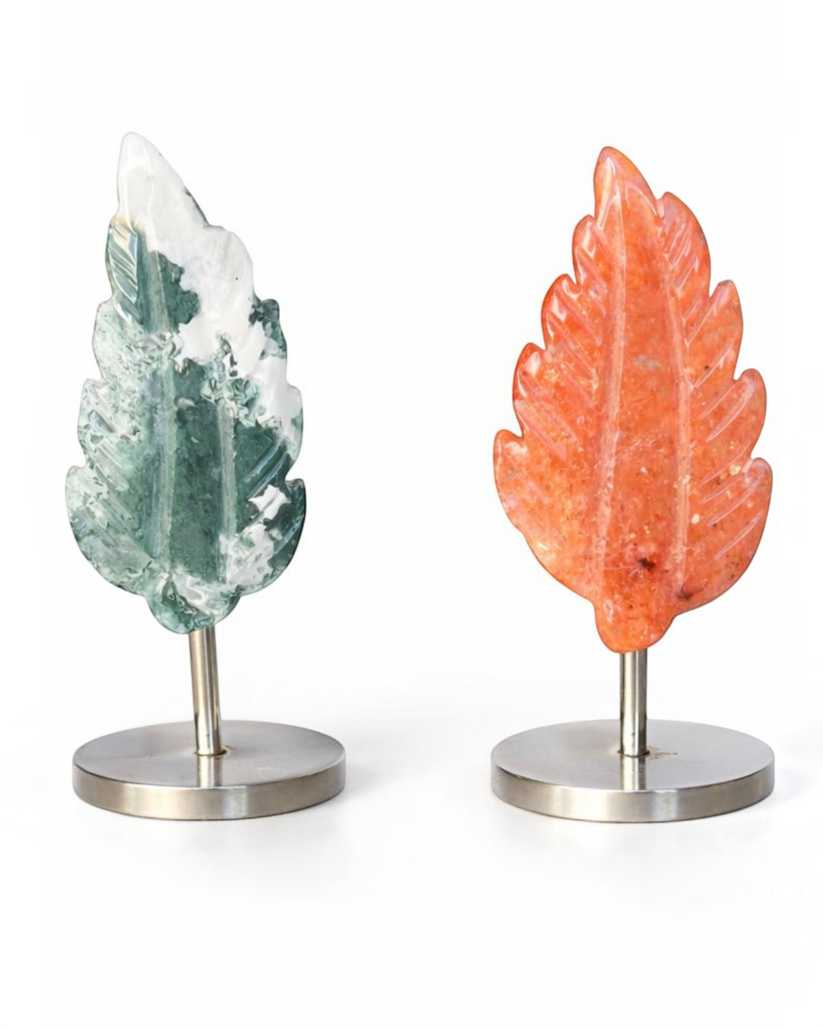 Amelia Jane Handmade Creations carved fire agate and moss agate feathers on metal stands for home decor