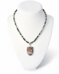 Amelia Jane Handmade Creations Indian agate beaded necklace with a silver-set ocean jasper pendant on a white bust