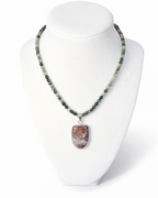 Amelia Jane Handmade Creations Indian agate beaded necklace with a silver-set ocean jasper pendant on a white bust