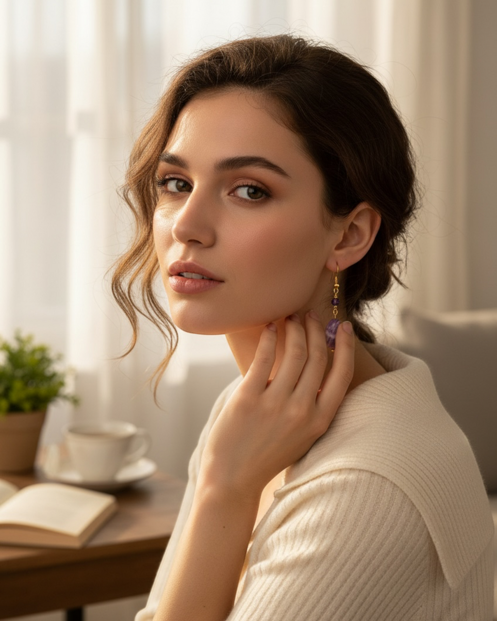 Amelia Jane Handmade Creations amethyst drop earrings with S925 posts worn by a woman in a soft indoor setting