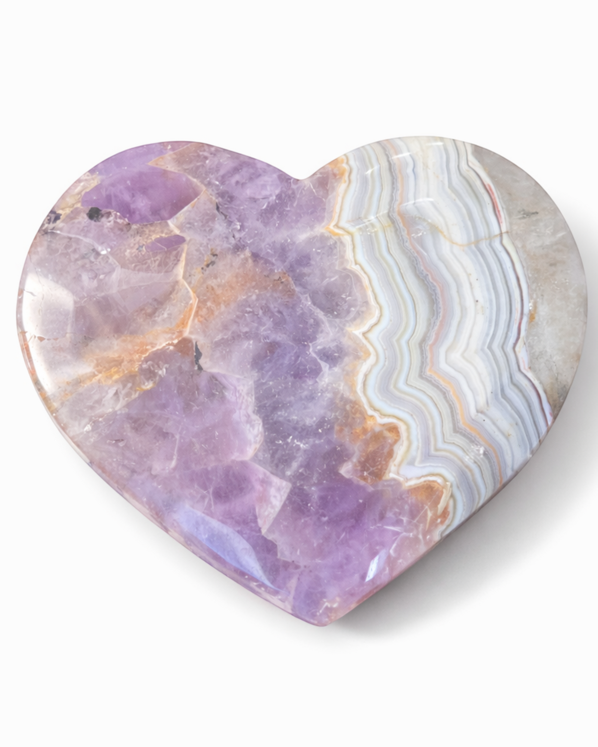 Amelia Jane Handmade Creations 3 inch polished amethyst lace agate heart with purple, white, and beige banded layers.