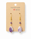 Amelia Jane Handmade Creations amethyst teardrop earrings with gold S925 posts on a branded display card