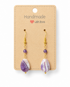 Amelia Jane Handmade Creations amethyst teardrop earrings with gold S925 posts on a branded display card