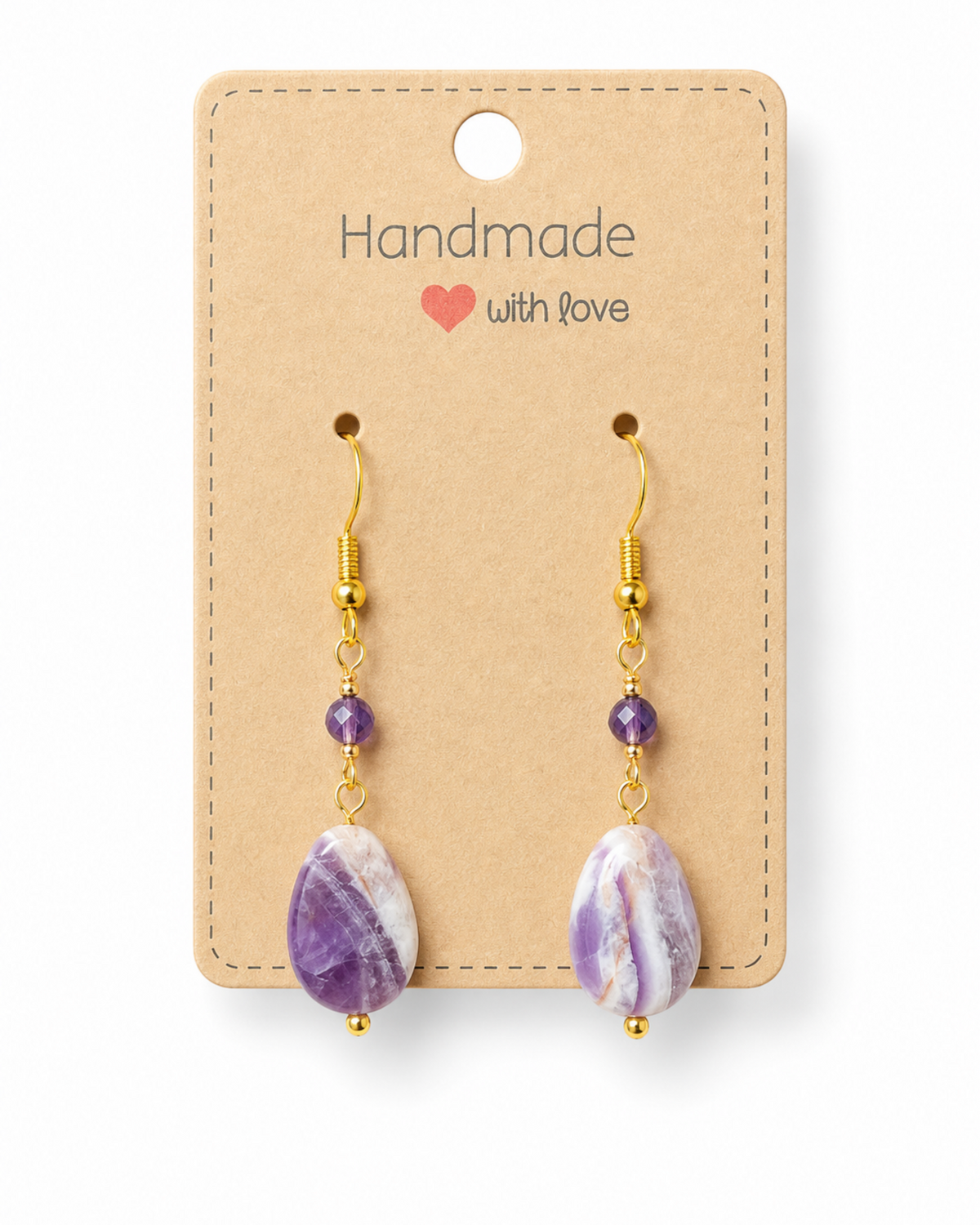 Amelia Jane Handmade Creations amethyst teardrop earrings with gold S925 posts on a branded display card