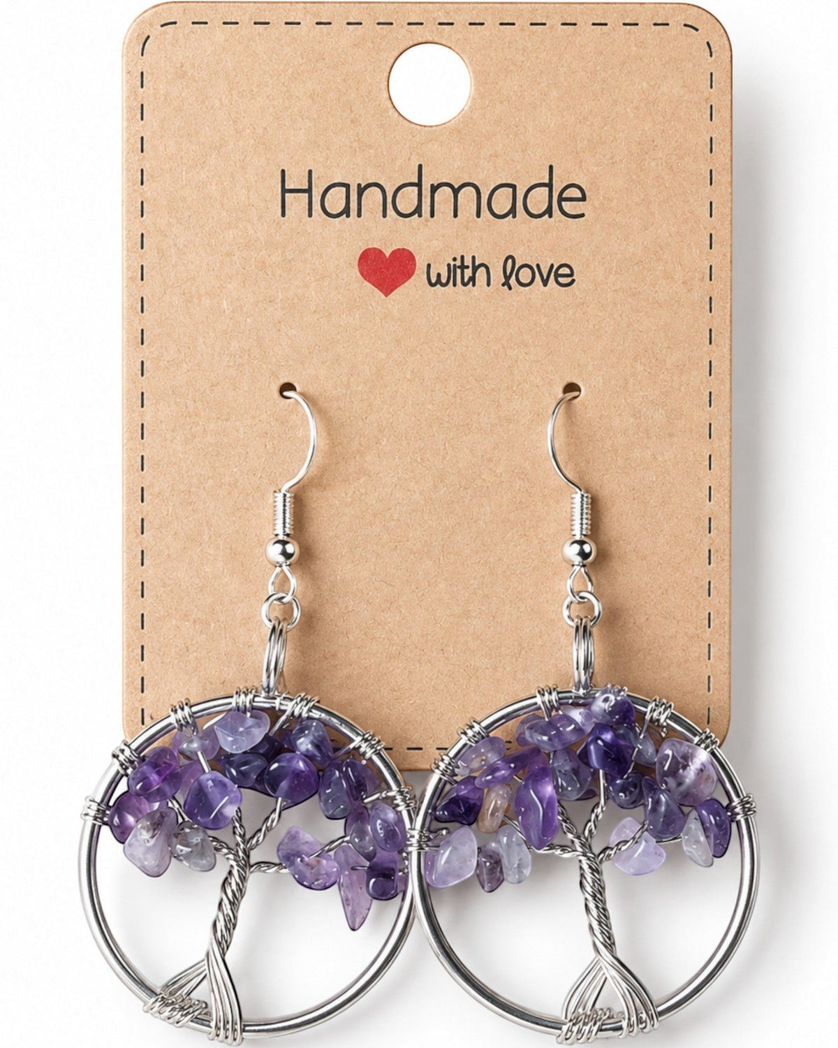 Amelia Jane Handmade Creations amethyst gemstone tree of life earrings with wire-wrapped silver tone metal design