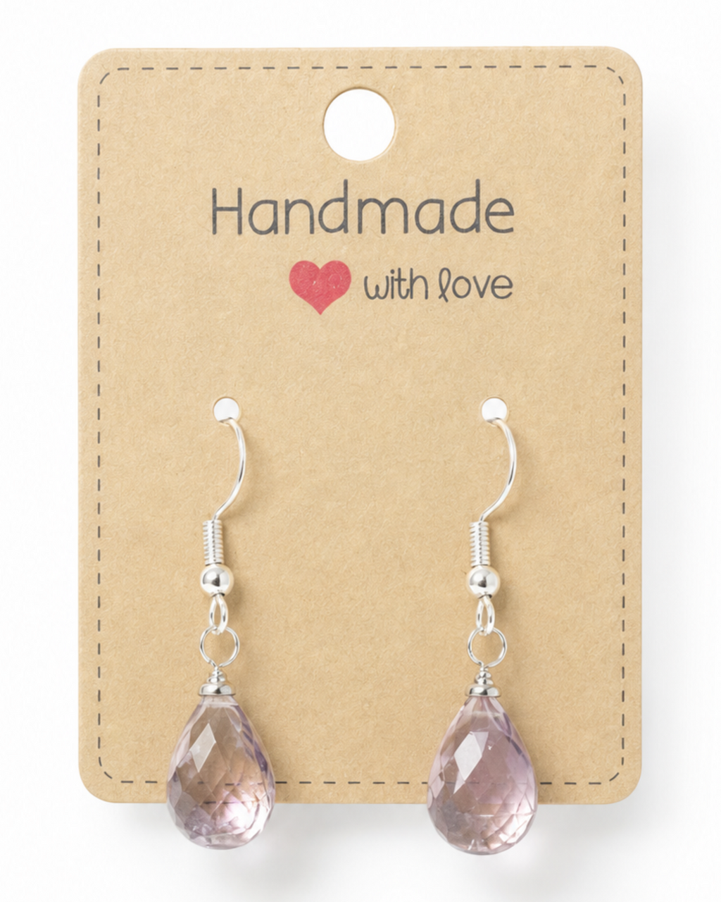 Amelia Jane Handmade Creations ametrine teardrop earrings with S925 sterling silver hooks on a display card.