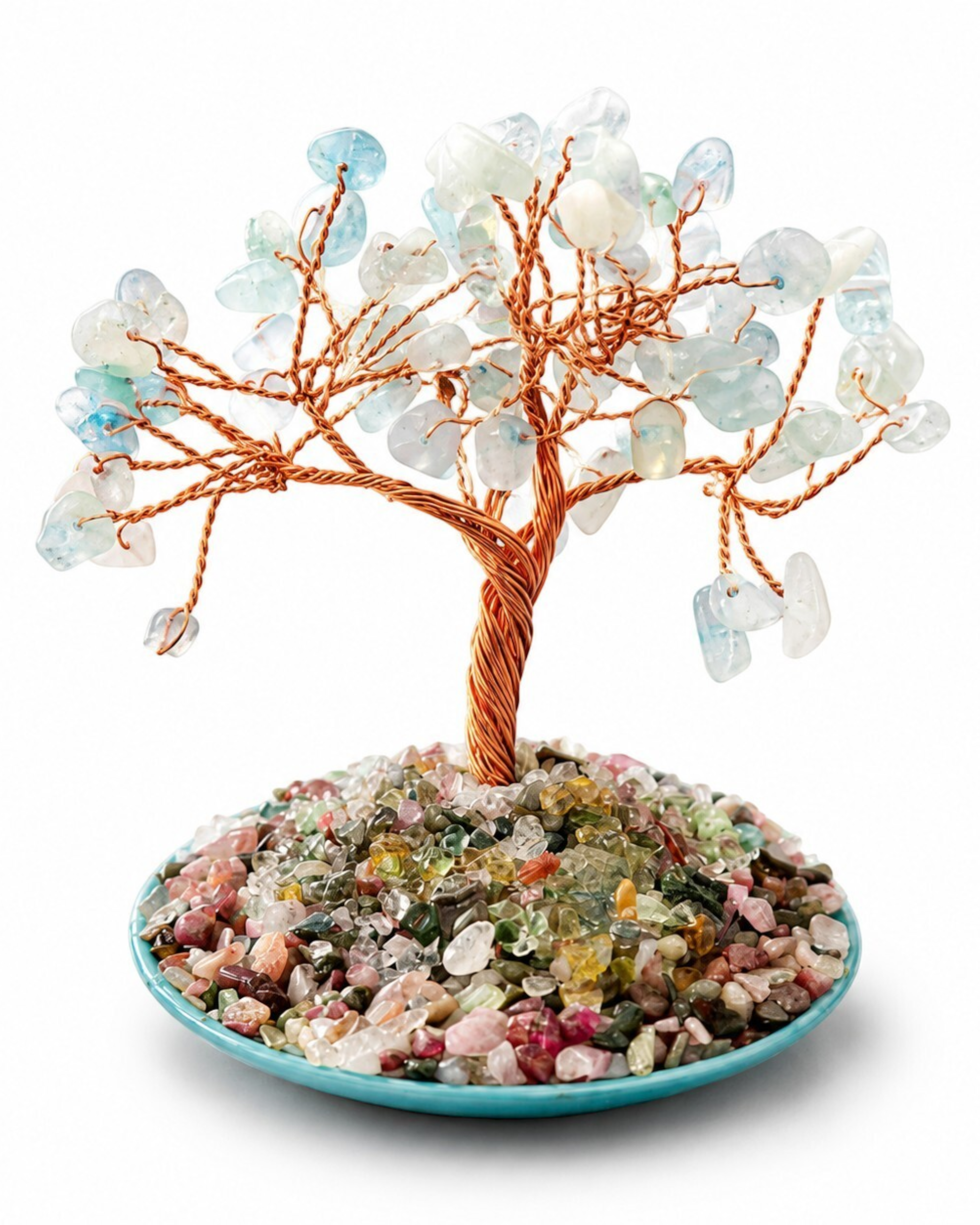 Amelia Jane Handmade Creations 5-inch aquamarine gemstone tree with copper wire branches on a mixed crystal base.