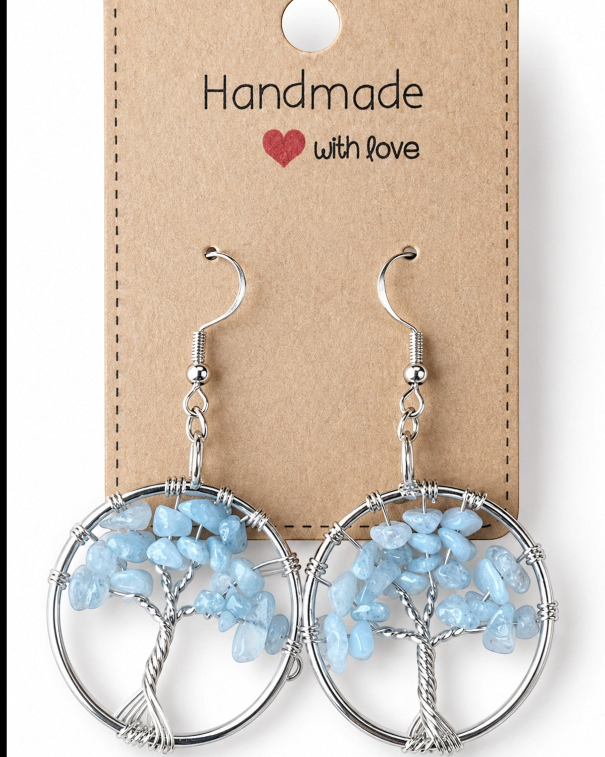 Amelia Jane Handmade Creations aquamarine tree of life earrings with wire-wrapped natural gemstone chips