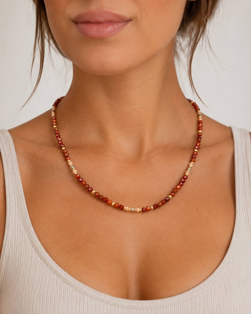 Amelia Jane Handmade Creations Autumn Glow beaded necklace with hessonite garnet, peach moonstone, and smoky quartz.