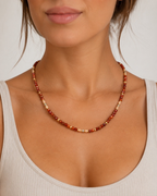 Amelia Jane Handmade Creations Autumn Glow beaded necklace with hessonite garnet, peach moonstone, and smoky quartz.