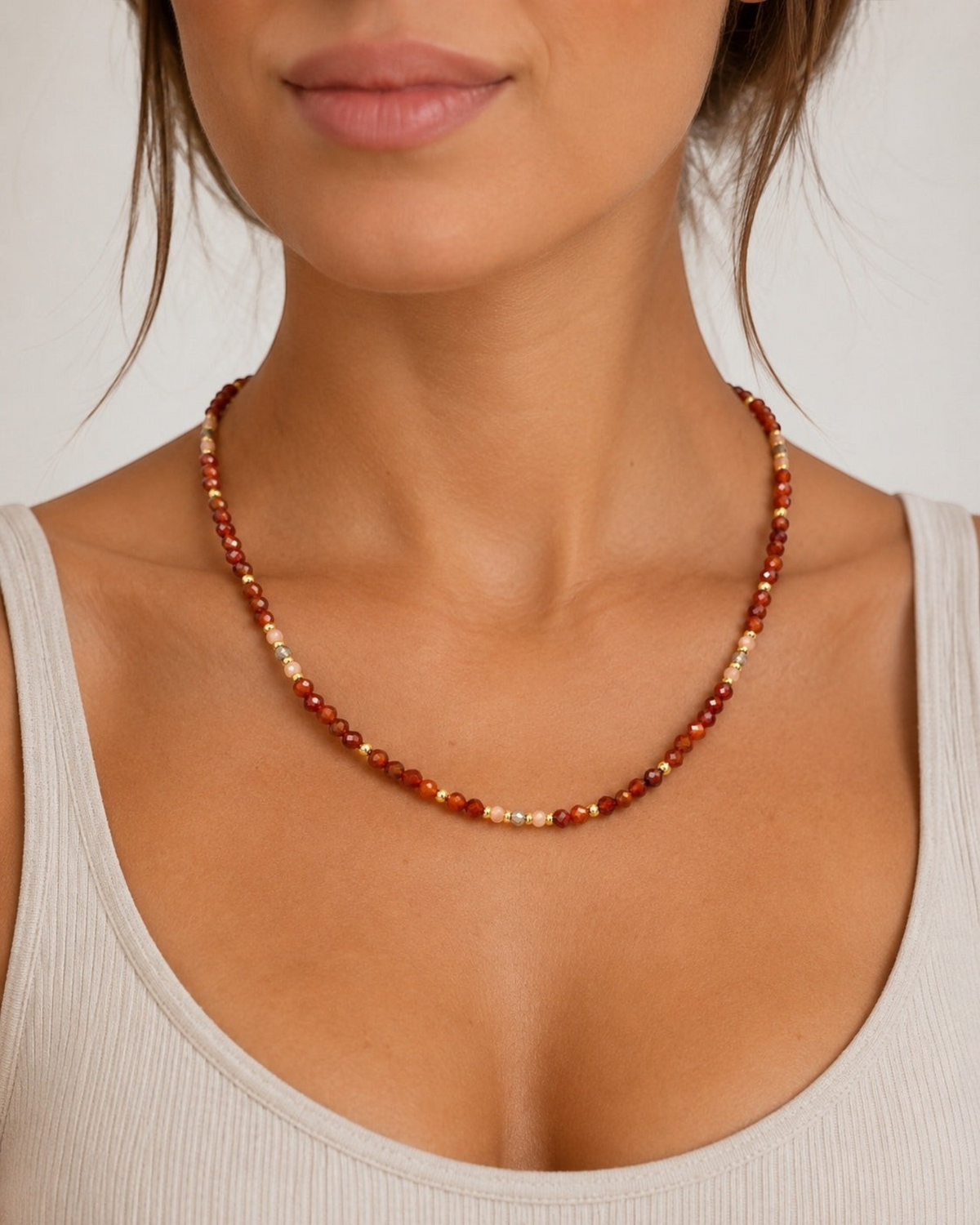 Amelia Jane Handmade Creations Autumn Glow beaded necklace with hessonite garnet, peach moonstone, and smoky quartz.