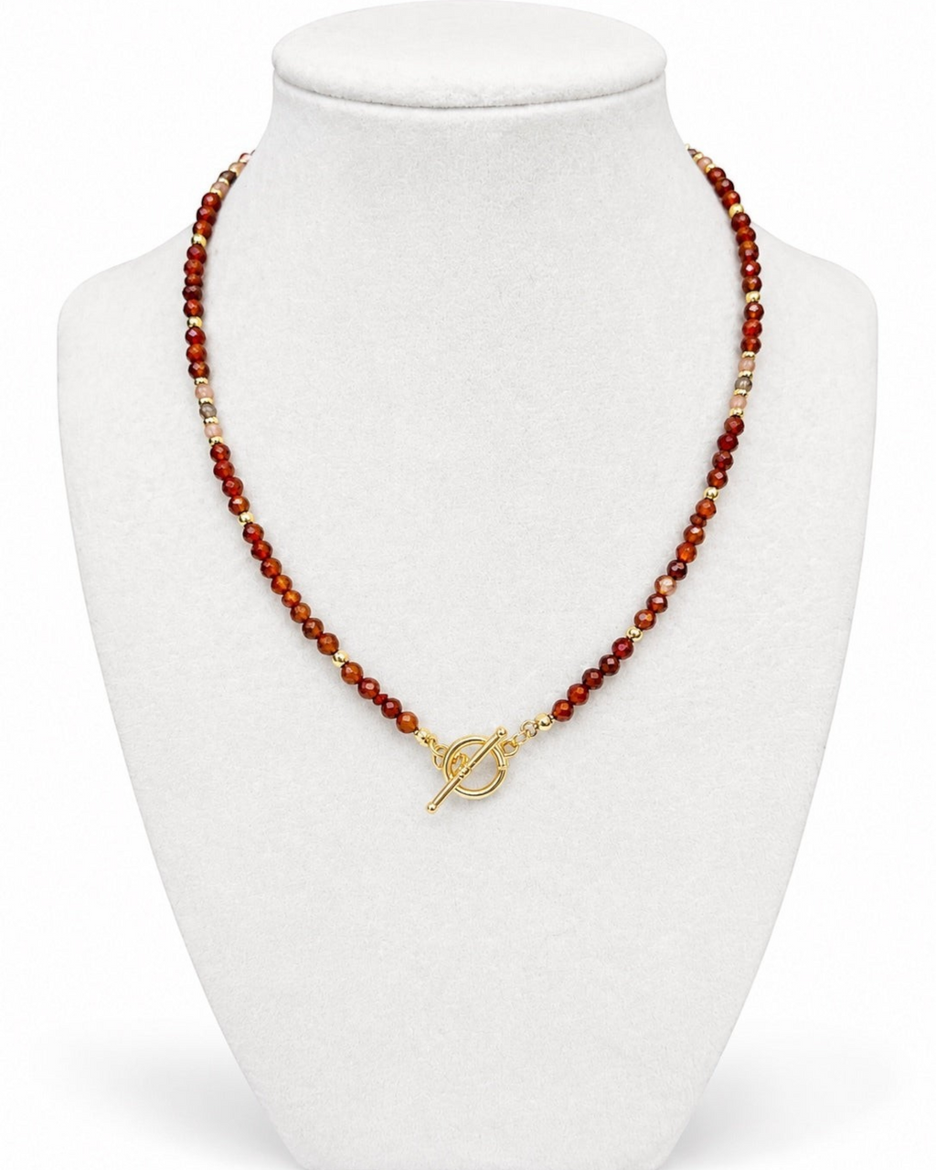 Amelia Jane Handmade Creations Autumn Glow beaded necklace with hessonite garnet, moonstone, and gold filled beads.