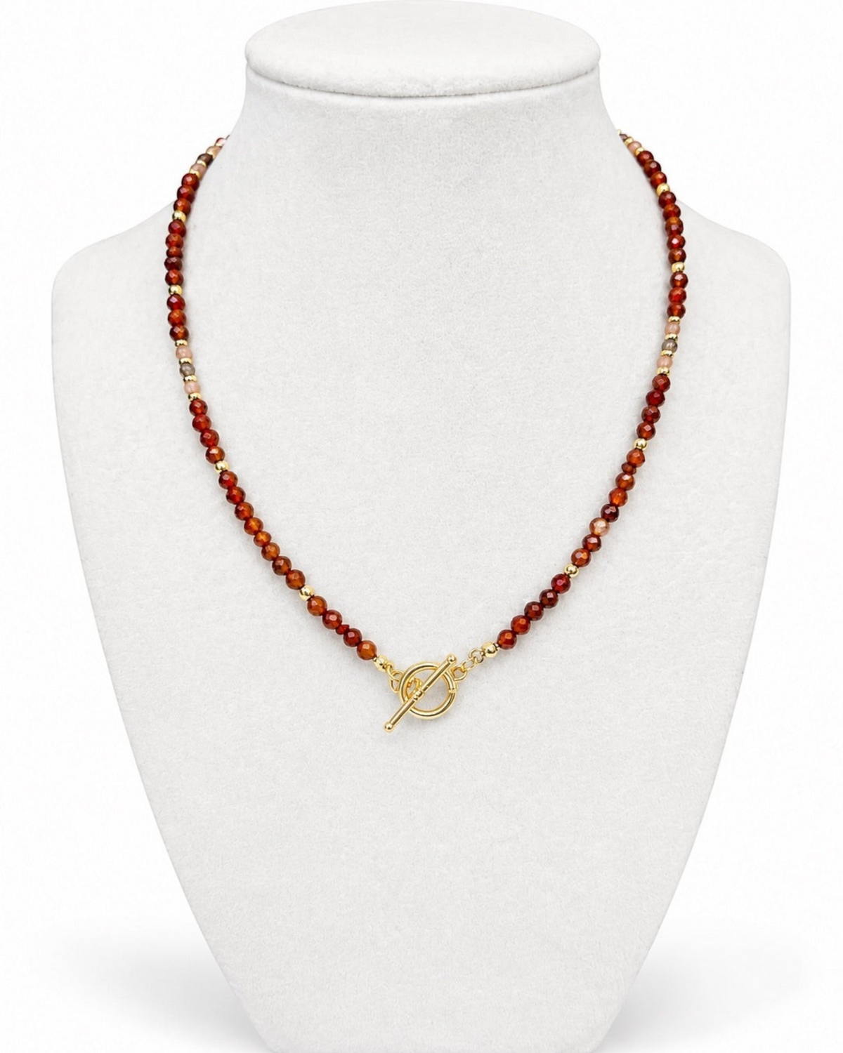 Amelia Jane Handmade Creations Autumn Glow beaded necklace with hessonite garnet, moonstone, and gold filled beads.