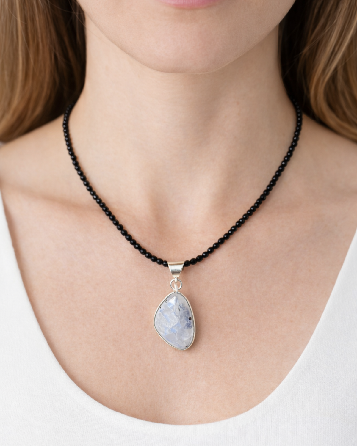 Amelia Jane Handmade Creations black spinel beaded necklace with a teardrop moonstone S925 silver pendant