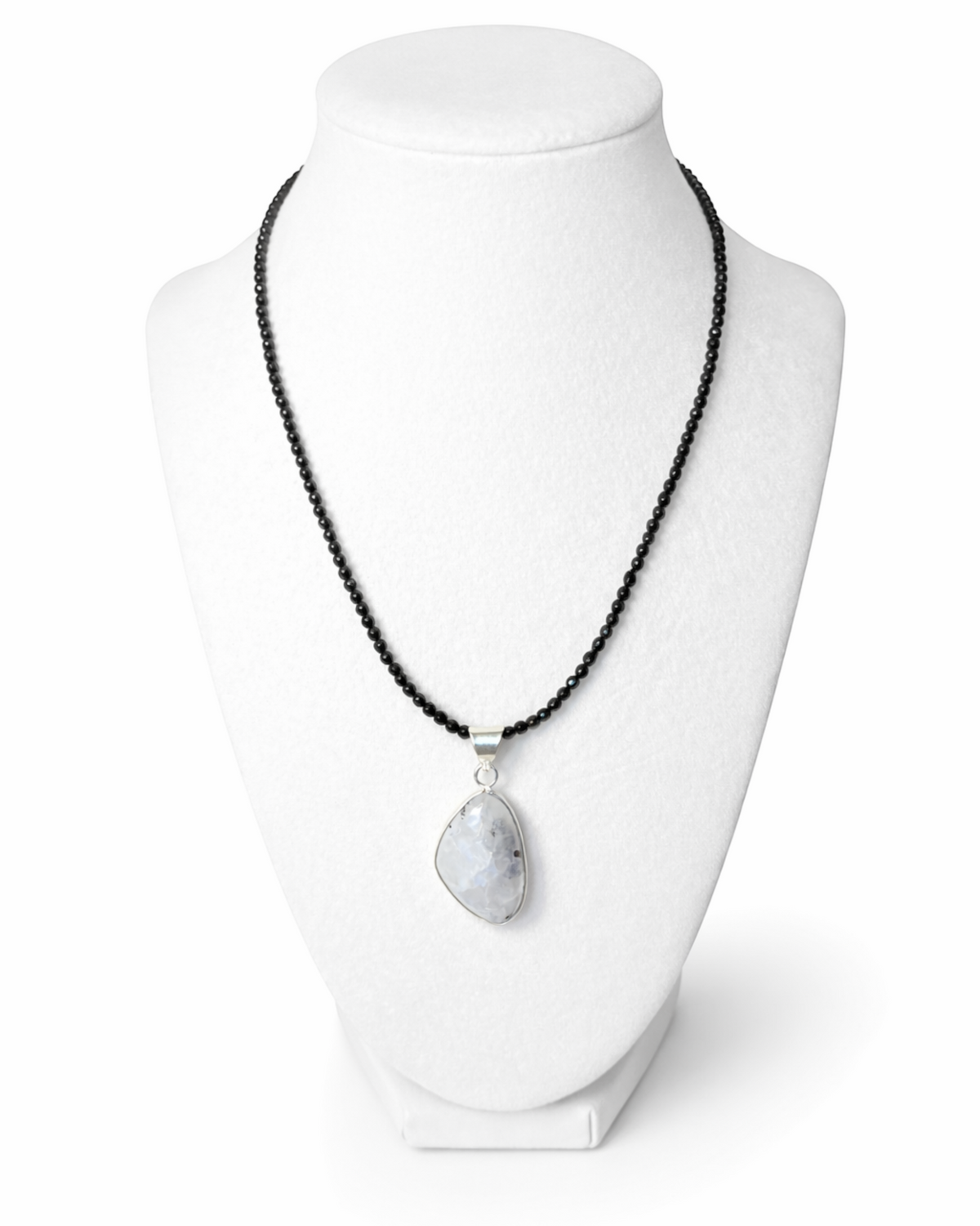 Amelia Jane Handmade Creations black spinel beaded necklace featuring a teardrop moonstone pendant in S925 silver