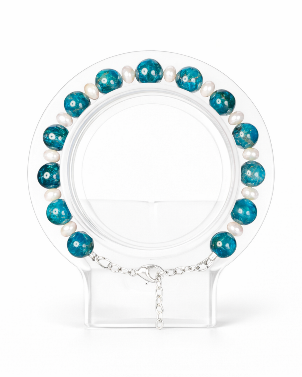 Amelia Jane Handmade Creations blue apatite and white shell pearl beaded bracelet with a silver clasp