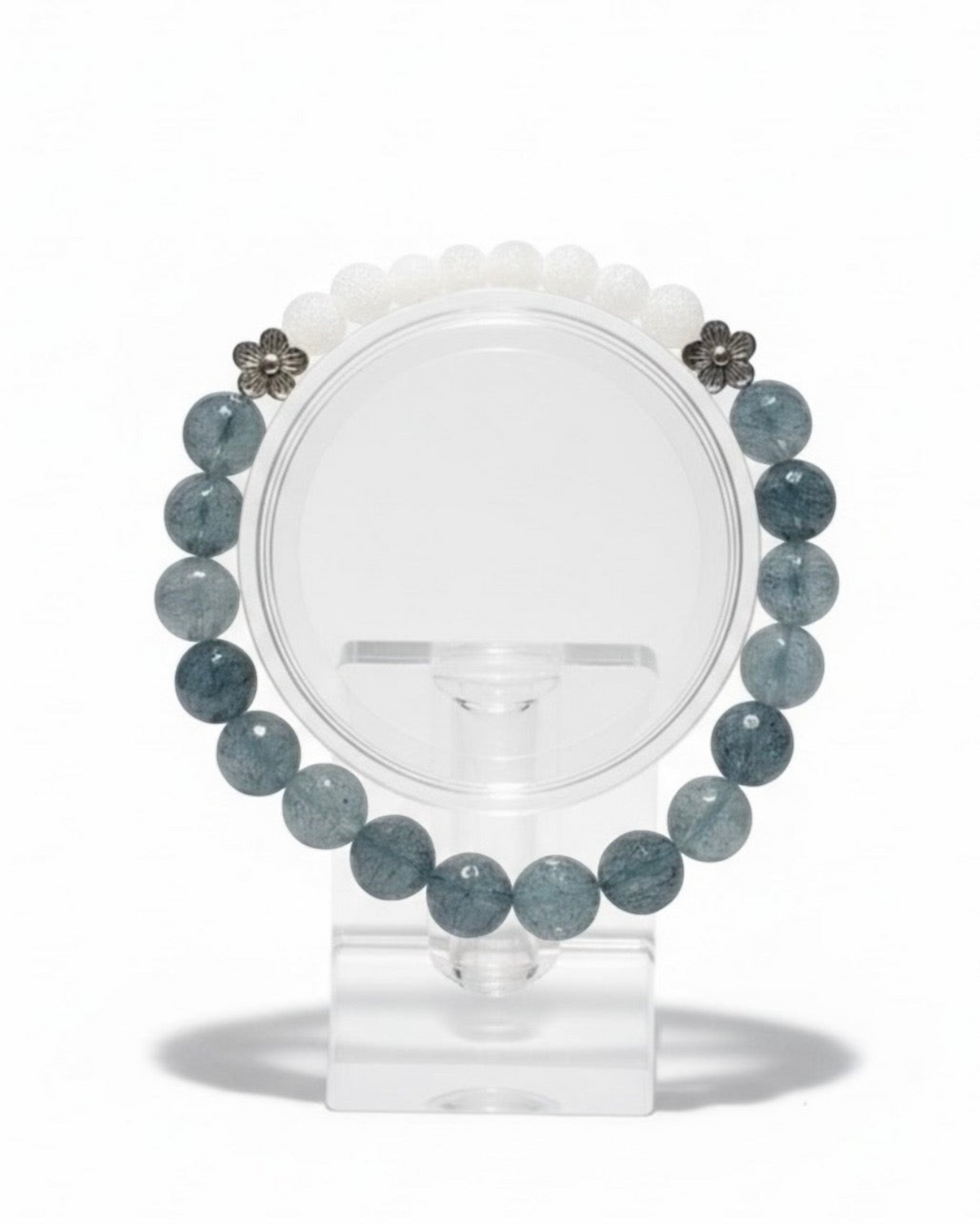 Amelia Jane Handmade Creations 7-inch bracelet with denim blue jade, weathered agate, and silver hematite flower beads.