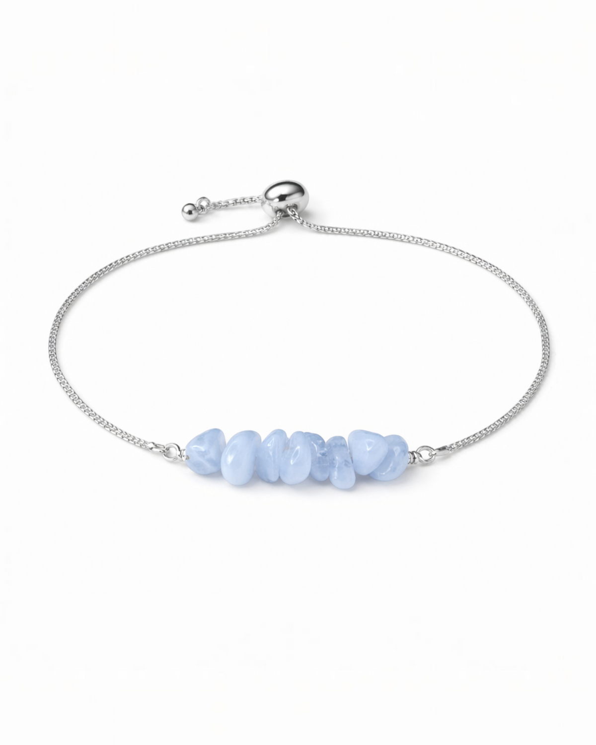 Amelia Jane Handmade Creations blue lace agate lariat bracelet with an adjustable silver chain slider.