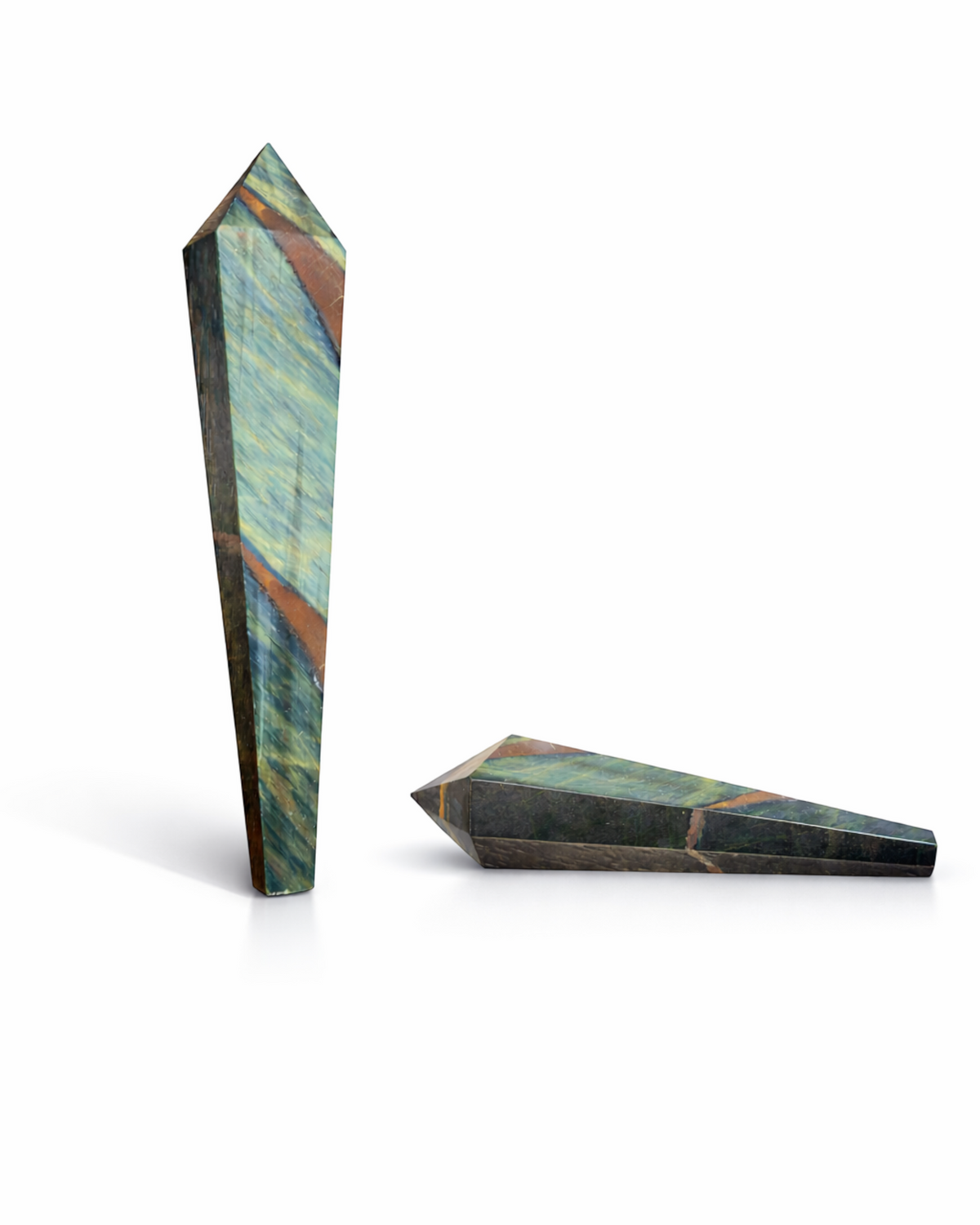 Amelia Jane Handmade Creations 5.5-inch blue tiger's eye crystal wand with golden-brown banding and polished facets.