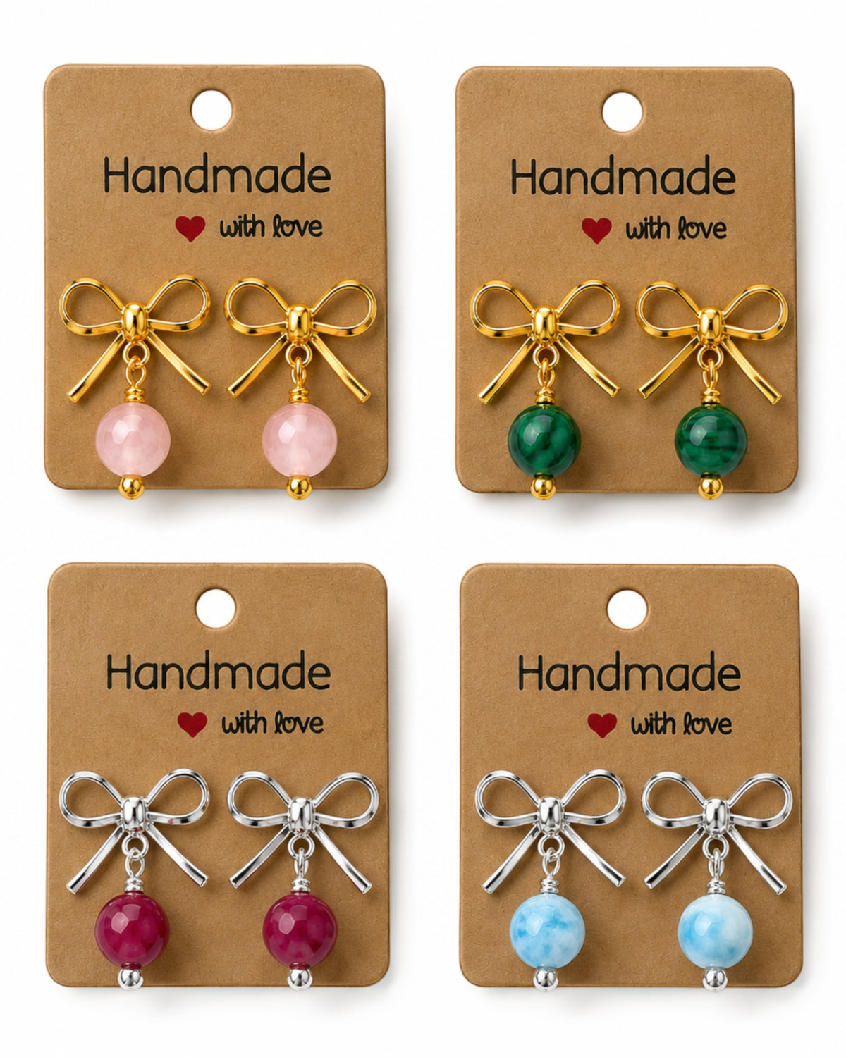 Amelia Jane Handmade Creations bow stud earrings with gemstone dangles in gold and platinum plated finishes