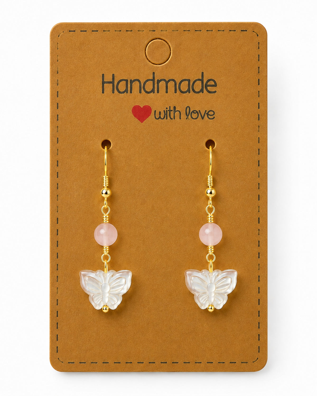 Amelia Jane Handmade Creations butterfly earrings featuring mother of pearl, pink selenite, and gold s925 posts.