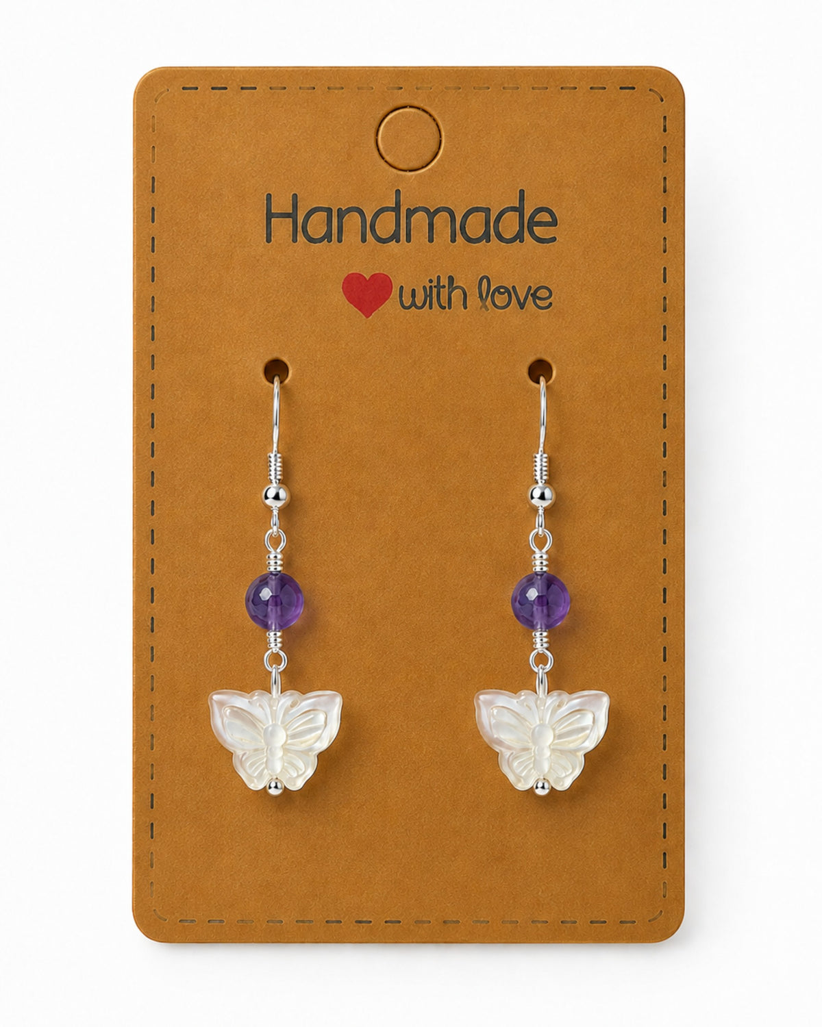 Amelia Jane Handmade Creations butterfly earrings featuring mother of pearl, purple beads, and s925 silver posts.