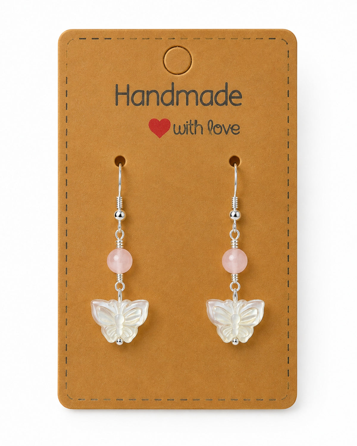 Amelia Jane Handmade Creations butterfly earrings with mother of pearl, pink selenite beads, and s925 silver posts.