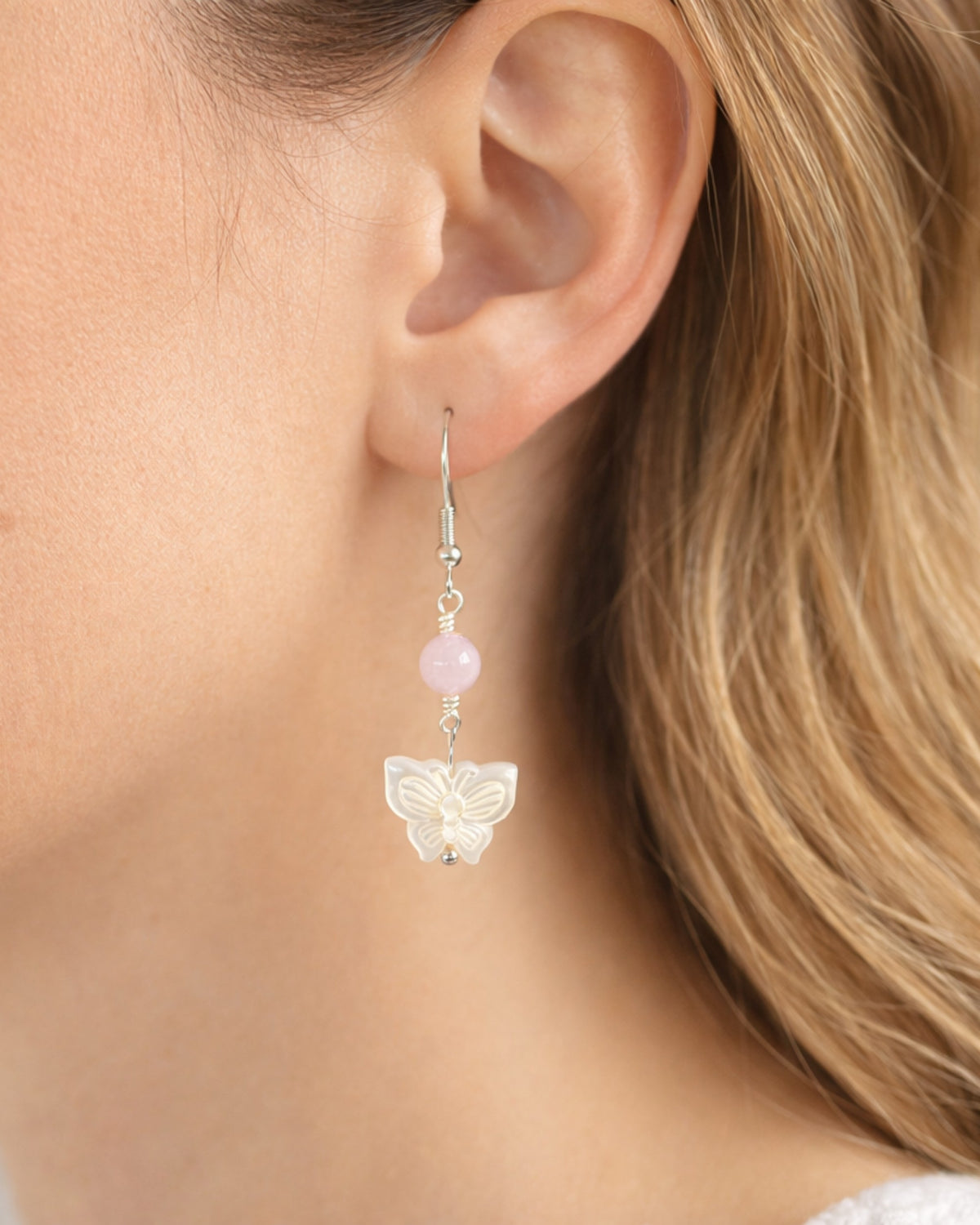 Amelia Jane Handmade Creations butterfly earrings featuring white mother of pearl and pink selenite on s925 silver posts