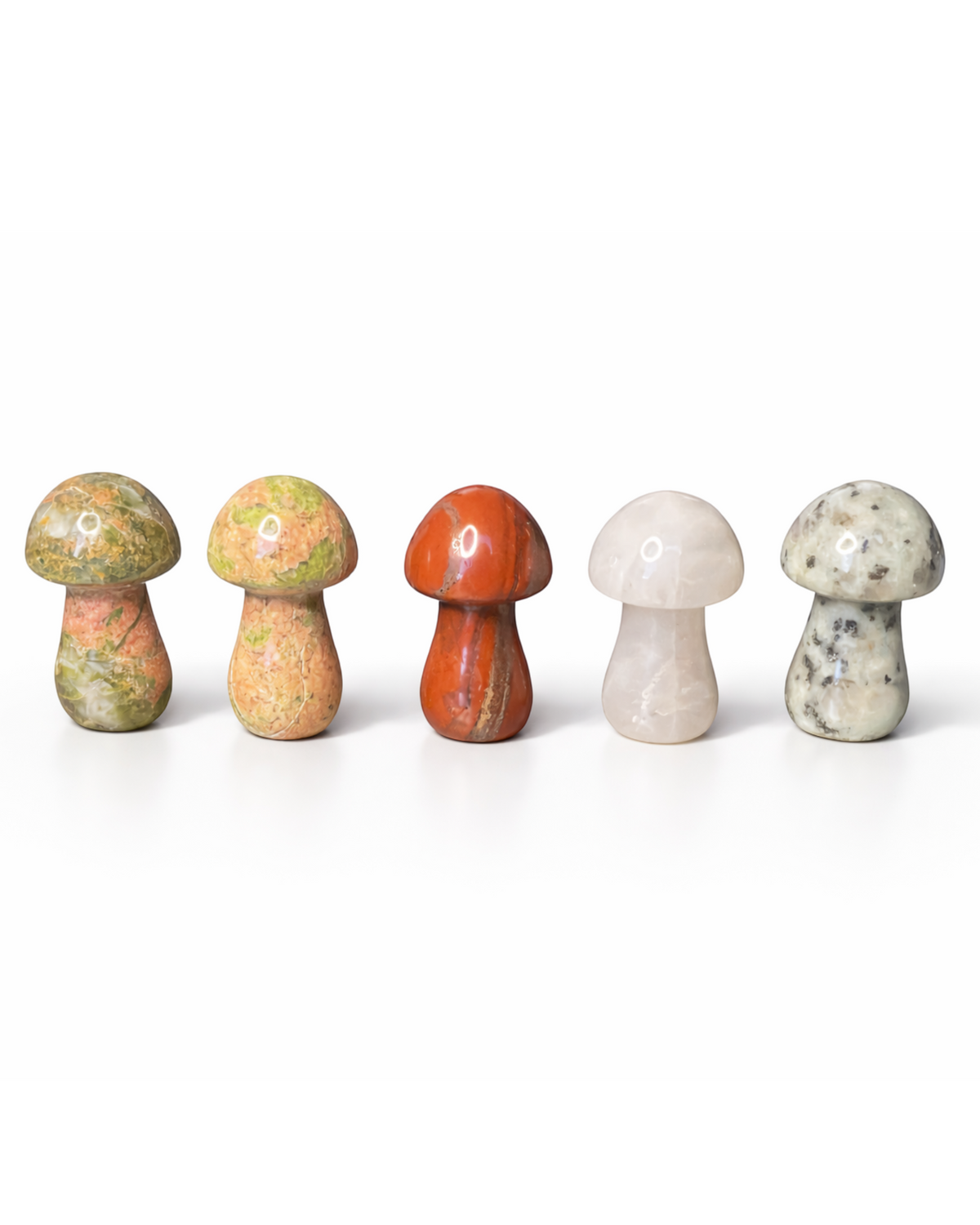 Amelia Jane Handmade Creations set of five 1.5-inch carved crystal mushrooms in Unakite, Red Jasper, and Clear Quartz.