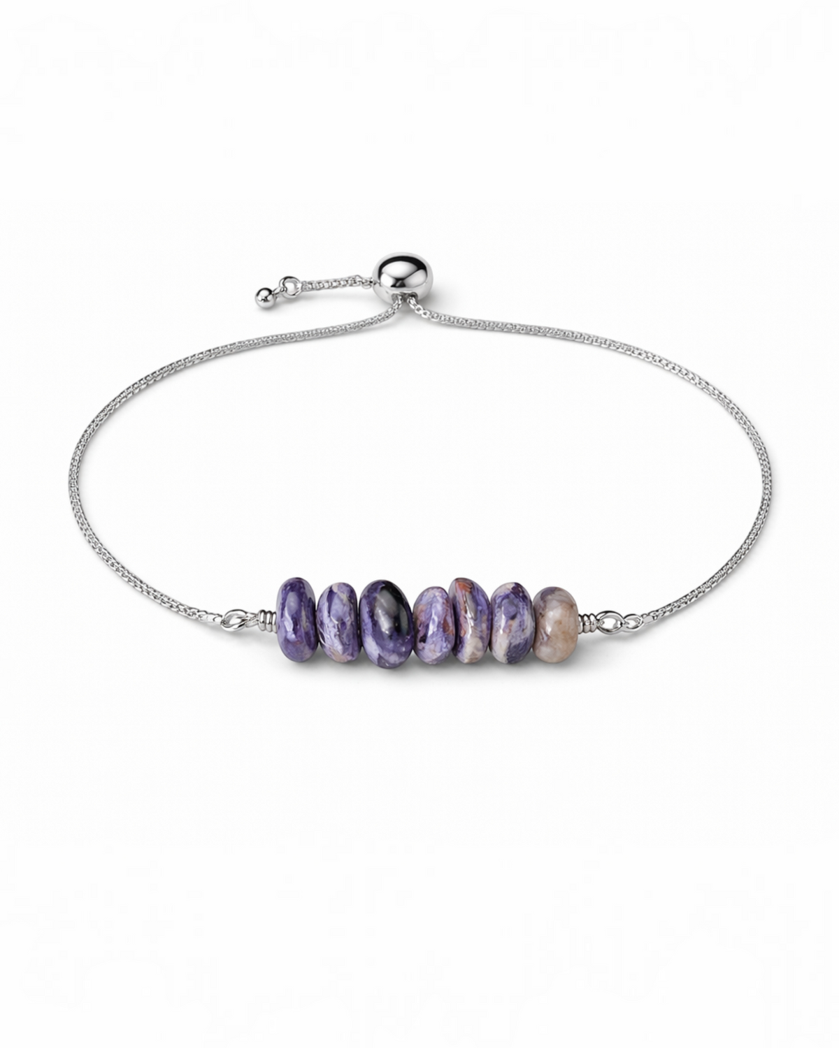 Amelia Jane Handmade Creations adjustable lariat bracelet featuring purple charoite gemstone beads on a silver chain.