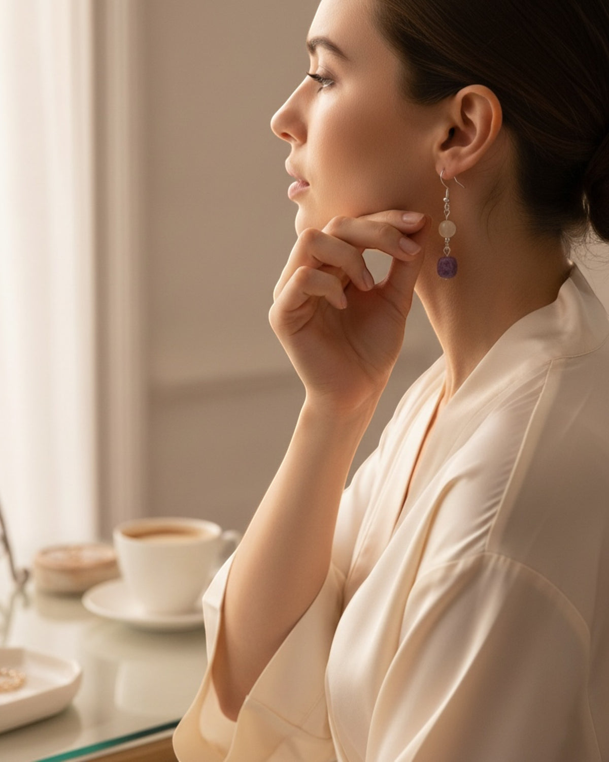 Amelia Jane Handmade Creations drop earrings featuring purple charoite and white moonstone on s925 silver posts