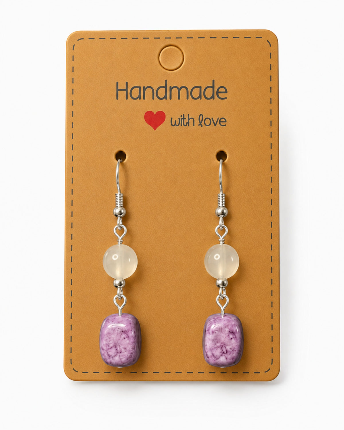 Amelia Jane Handmade Creations drop earrings featuring purple charoite and white moonstone beads on s925 silver posts.